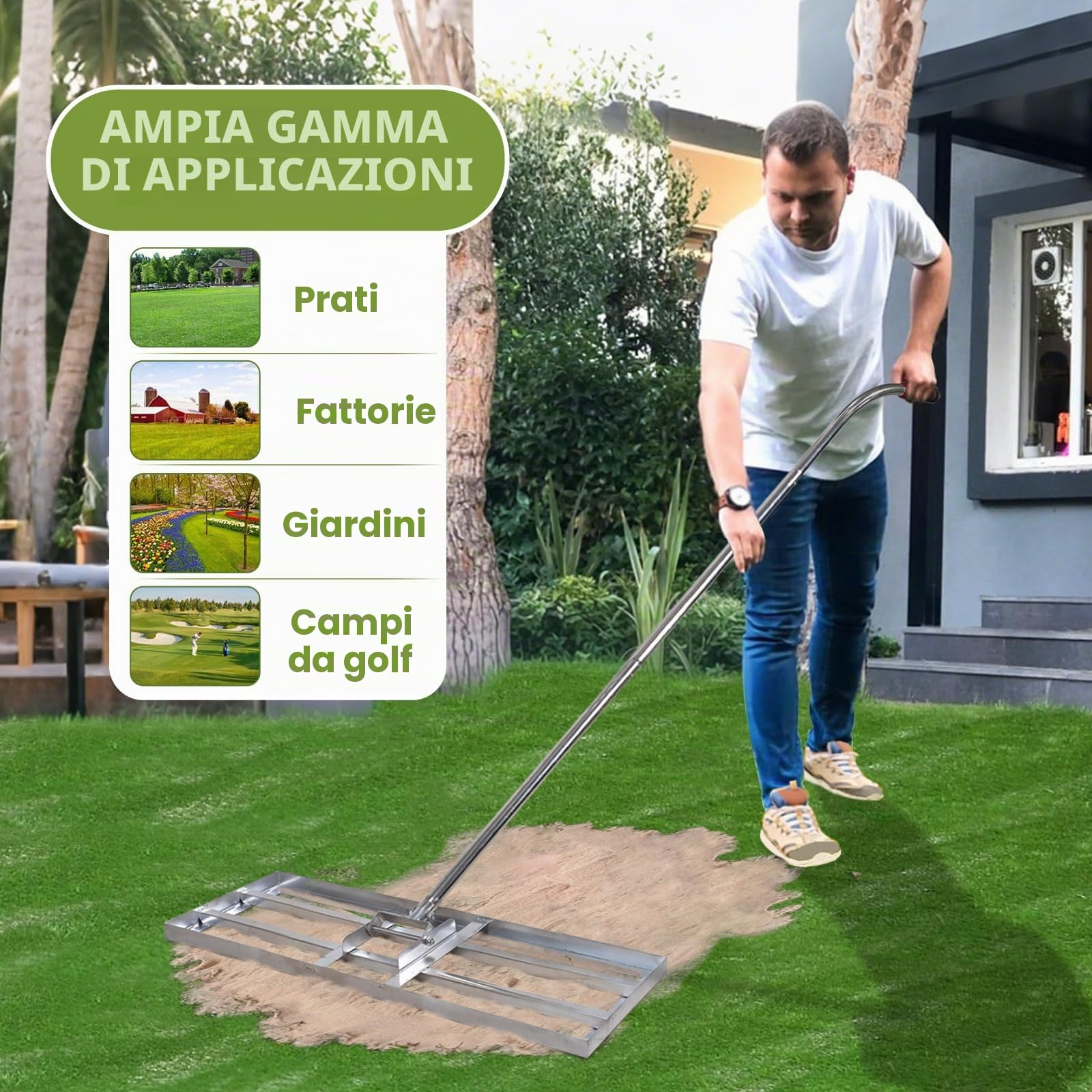 Rastrello livellatore per prato, 28 x 25,4 cm, resistente, manico in acciaio inox, cortile, giardino, campo da golf, facile da usare