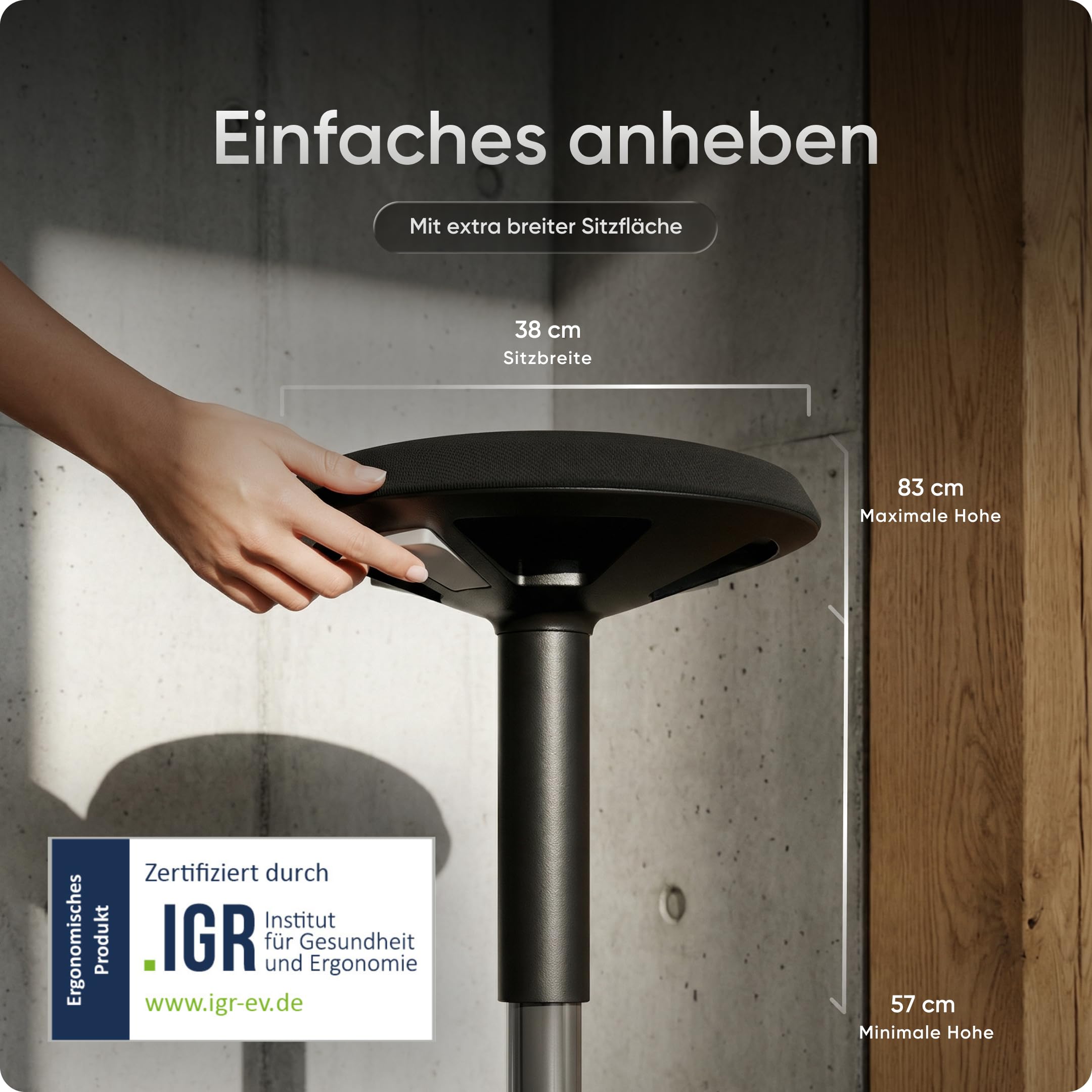 Motion Sitzhocker - Stehhocker höhenverstellbar, ergonomischer Hocker bis 140kg mit CushCloud-Polsterung, Gasfeder & 3D-Sitzmechanik, Bürohocker ergonomisch, Wackelhocker Stehstuhl (Schwarz)