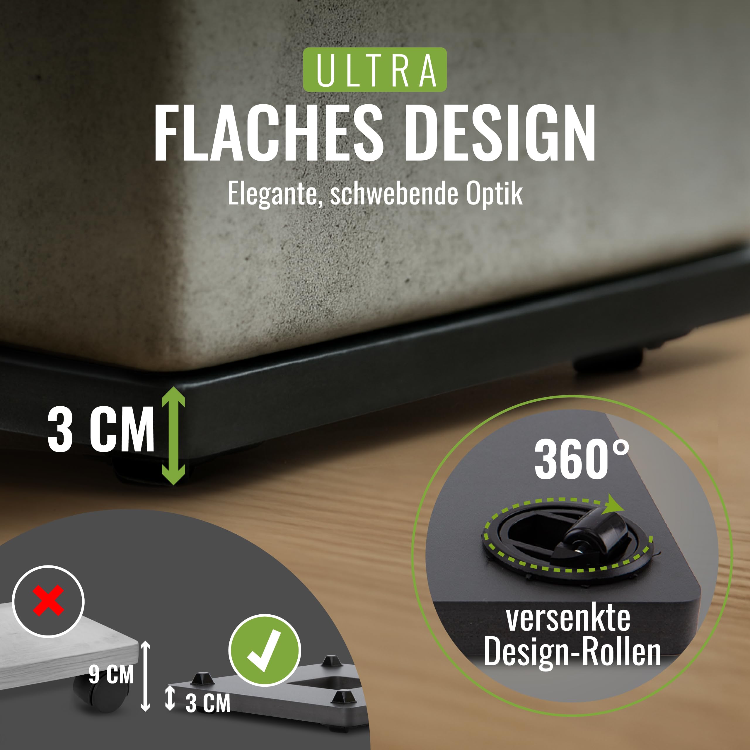 Pflanzwerk Pflanzkübel Untersetzer - Ultraflacher Designer Pflanzenroller - 28 cm x 28cm - Eckig und rund für alle Blumentöpfe & Blumenkübel - Indoor & Outdoor Gefäßroller - 2 Jahre Garantie