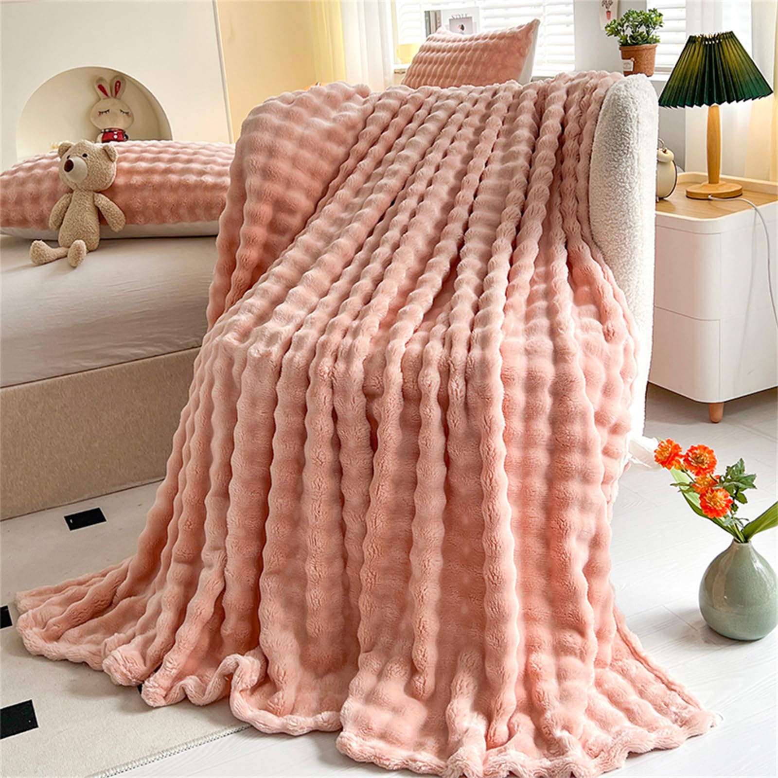 LINGKY Fleece Throw Blanket Camel Bubble Faux Fur Fluffy Bed Blanket Super Cosy Warm Large Blanket for Bed Sofa Couch Home Decor, 160x200cm