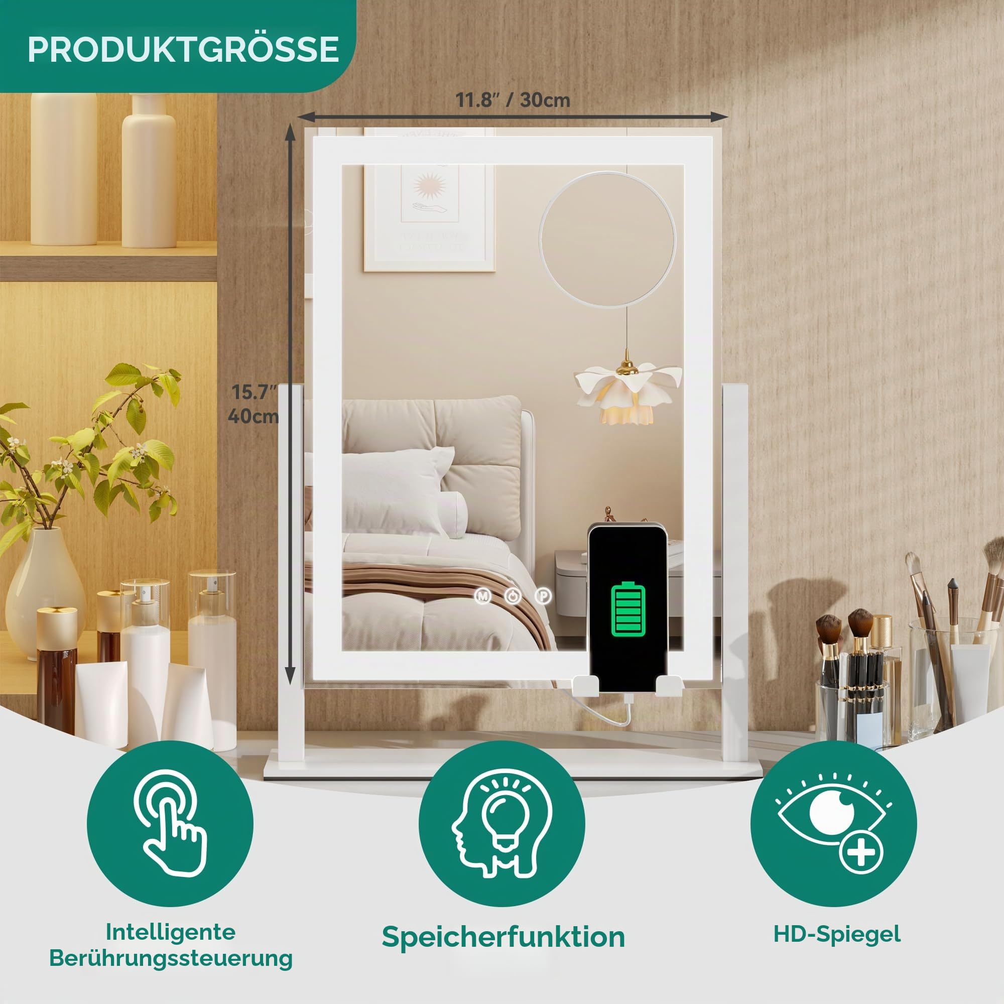 YITAHOME Beleuchteter Kosmetikspiegel mit 3 Farben & Dimmfunktion, 30 x 40 cm Hollywood Spiegel, 360° Schwenkbar, 10-facher Vergrößerung, Smart Touch Sensor, Spiegel mit Licht für Makeup