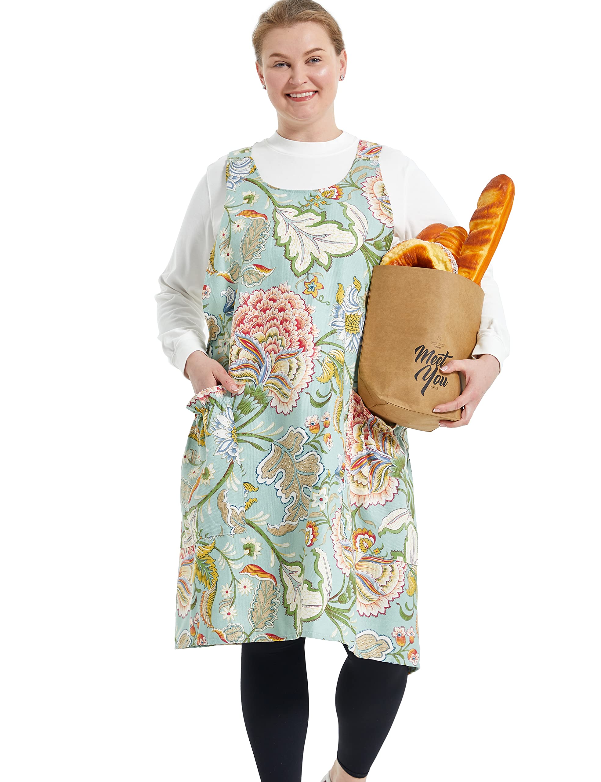 APRONNER Big Plus Size Aprons for Women with Pockets Cotton Linen Baking Kitchen Cooking, Green Flower, Large