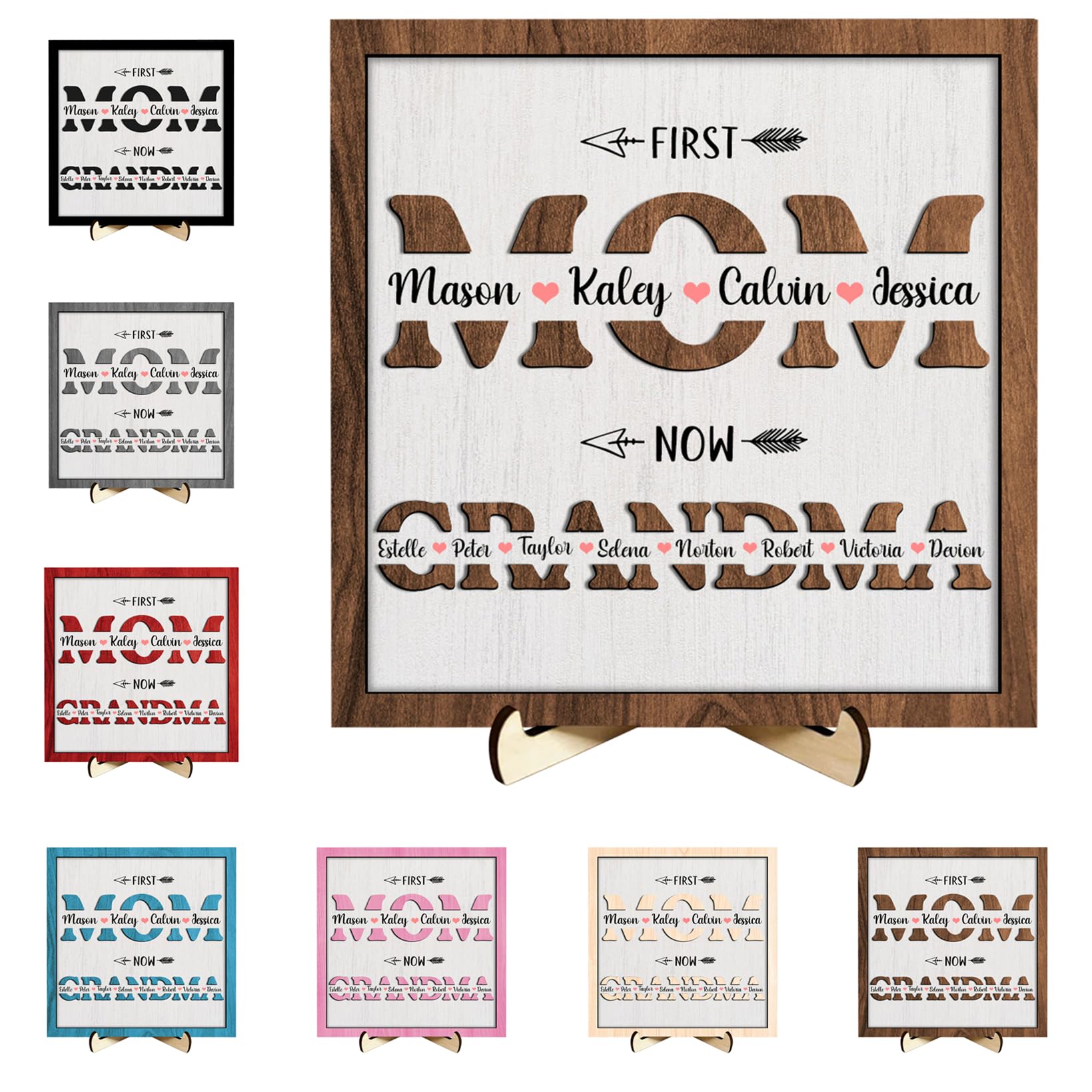 Collienght First Mom Now Grandma Personalized Wooden Plaque With Stand Mother's Day Custom Plaque Birthday Decor Gift for Mama Nana Wife