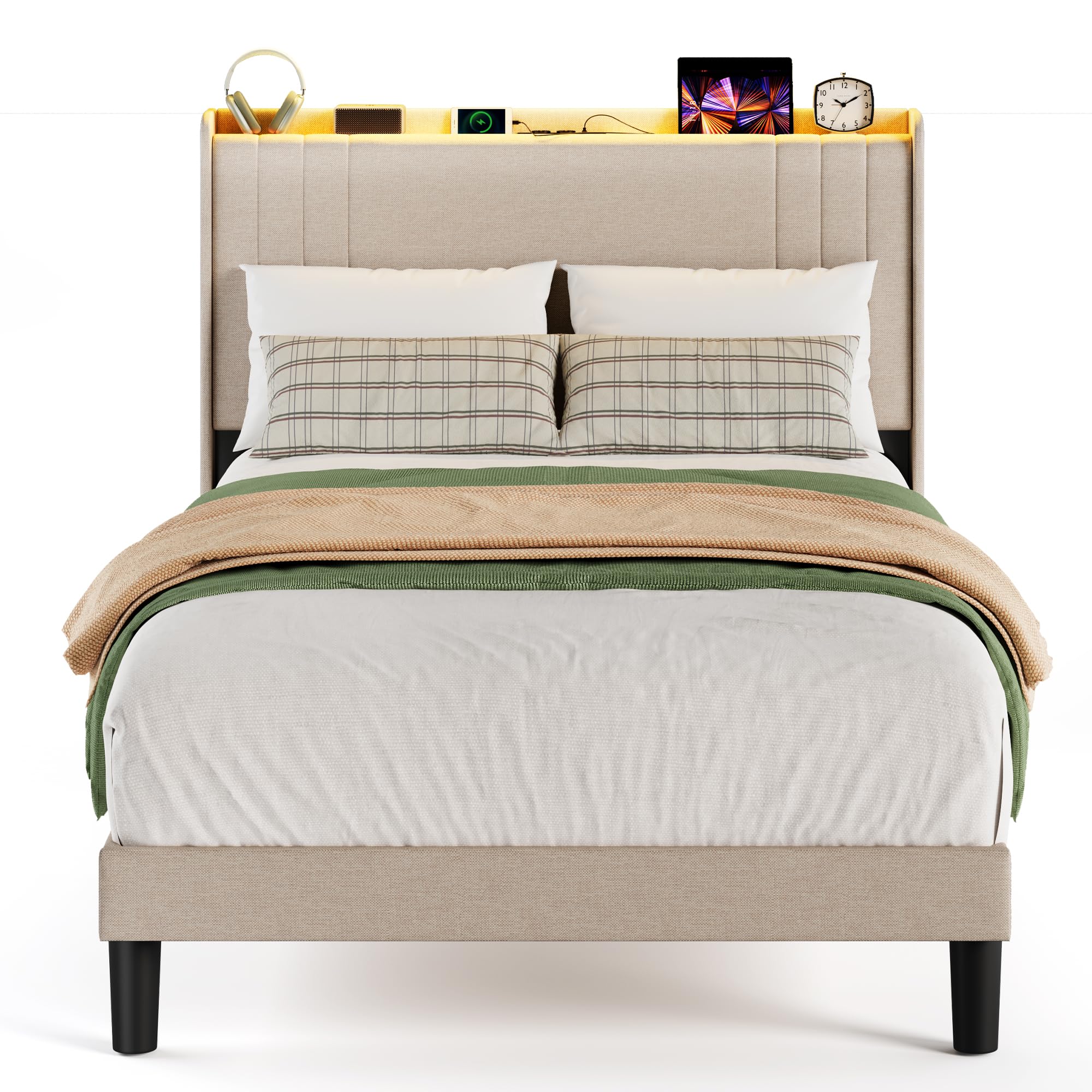 Letto imbottito con luce LED 120 x 200 cm，Piattaforma Struttura letto (2 Prese CA 2 Porte USB), Per le camere degli ospiti e le camere da letto (Beige, 120 x 200 cm)