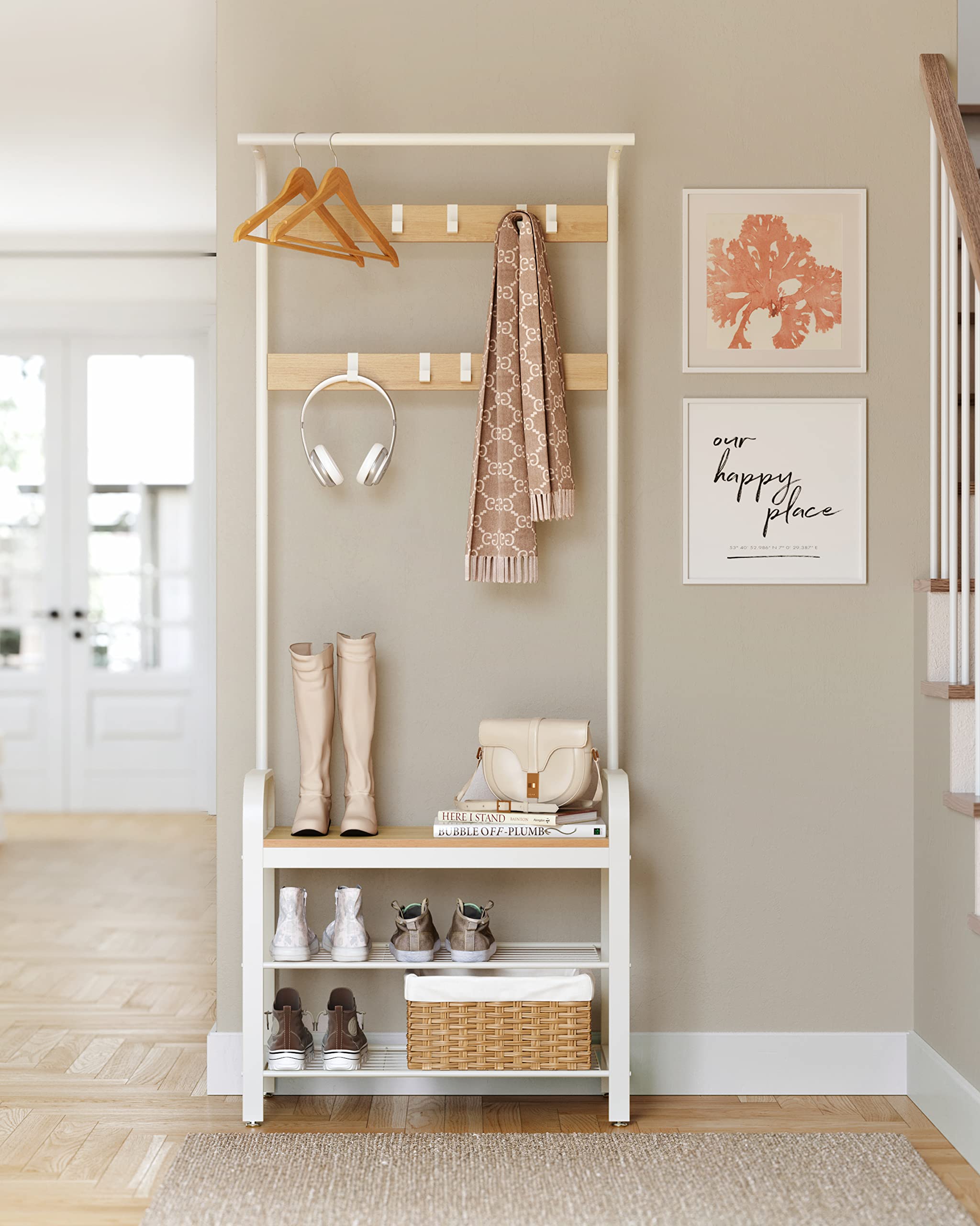 VASAGLE Garderobenständer, Garderobe, mit Schuhbank, 4-in-1 Design, 9 abnehmbare Haken, Kleiderstange, Eingangsbereich, Flur, 33,7 x 72 x 183 cm, modern, eichenfarben-weiß HSR40W