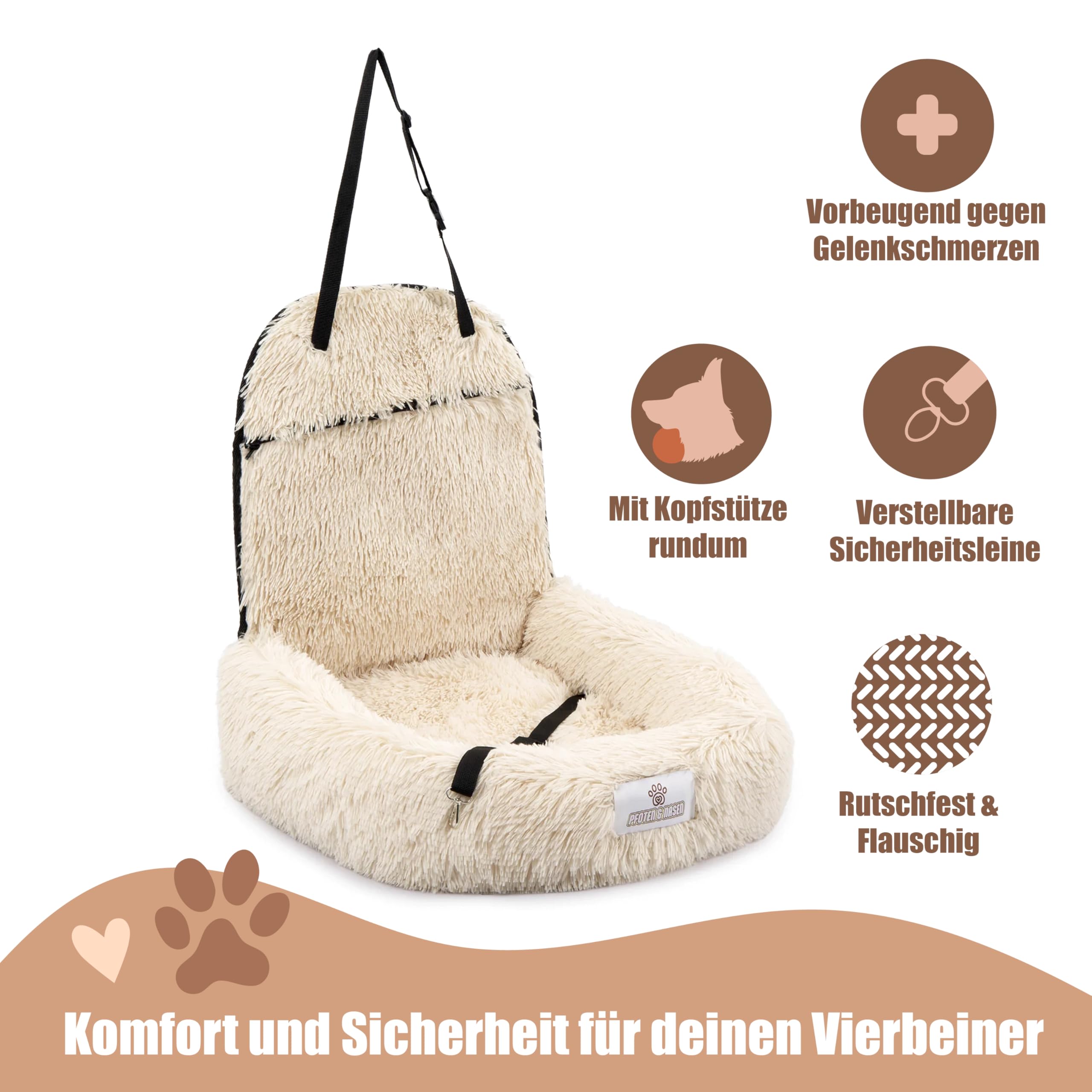 Pfoten&Nasen® 2 In 1 Orthopädisches Hunde Autositz [Hellgrau, 41X50X33cm] Für Große, Mittelgroße und Kleine Hunde, Hundebett Auto, Hundesitz Auto Rückbank, Dog Car Seat, Hundekorb Auto.