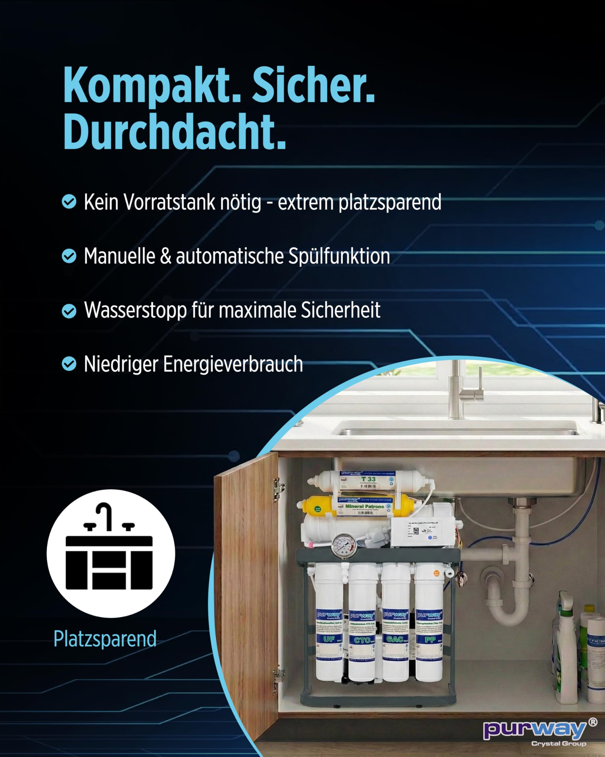 purway® PUR Booster Quick 7 Stufen Direct flow Osmoseanlage ERSATZFILTERSET | Kompakte Umkehrosmoseanlage mit Trinkwasserfilter und Osmose Wasserfilter für die ganze Familie
