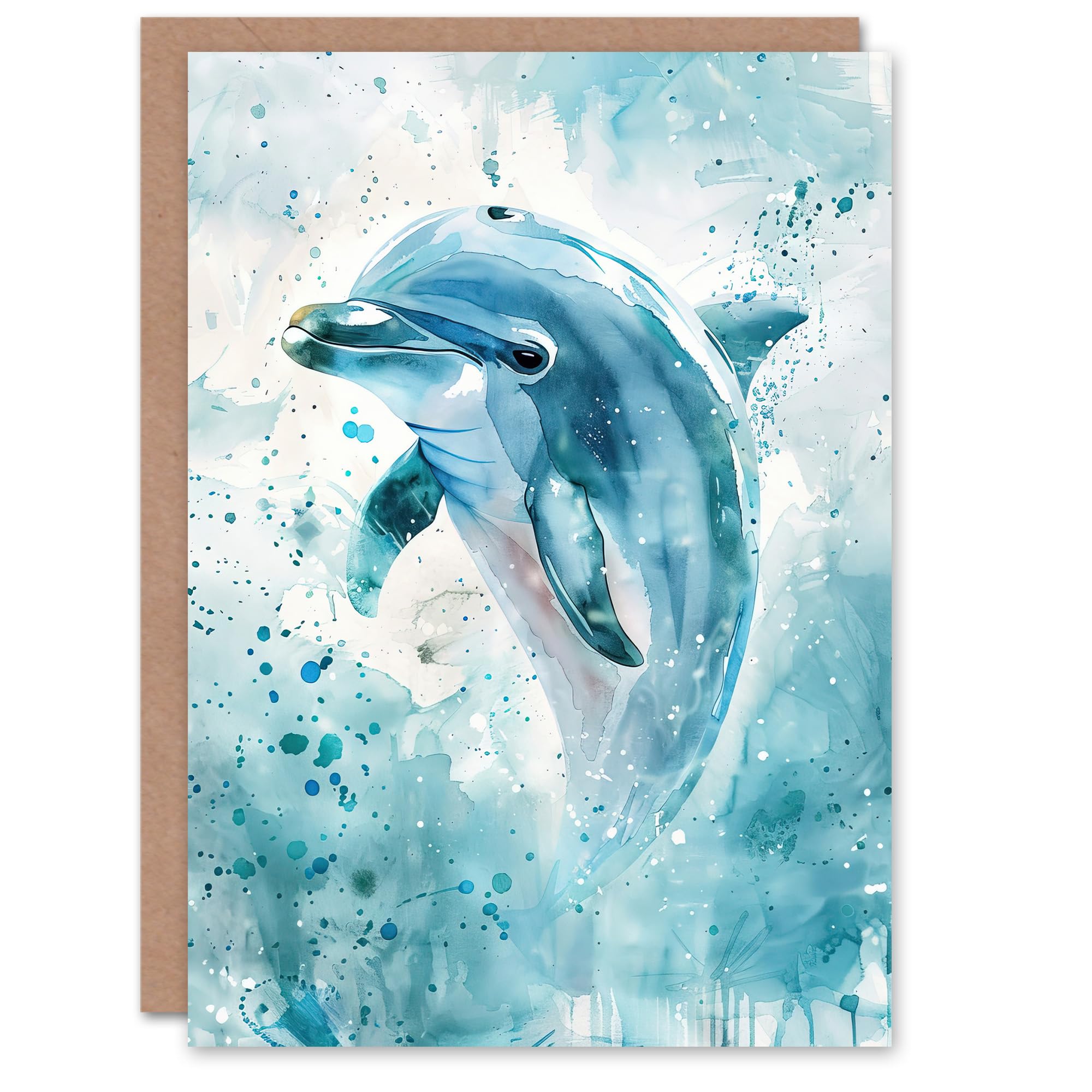 Artery8 Greeting Card Dolphin Wave Jump Watercolour Light Blue Sea Blank For All Him Or Her Art Birthday Card