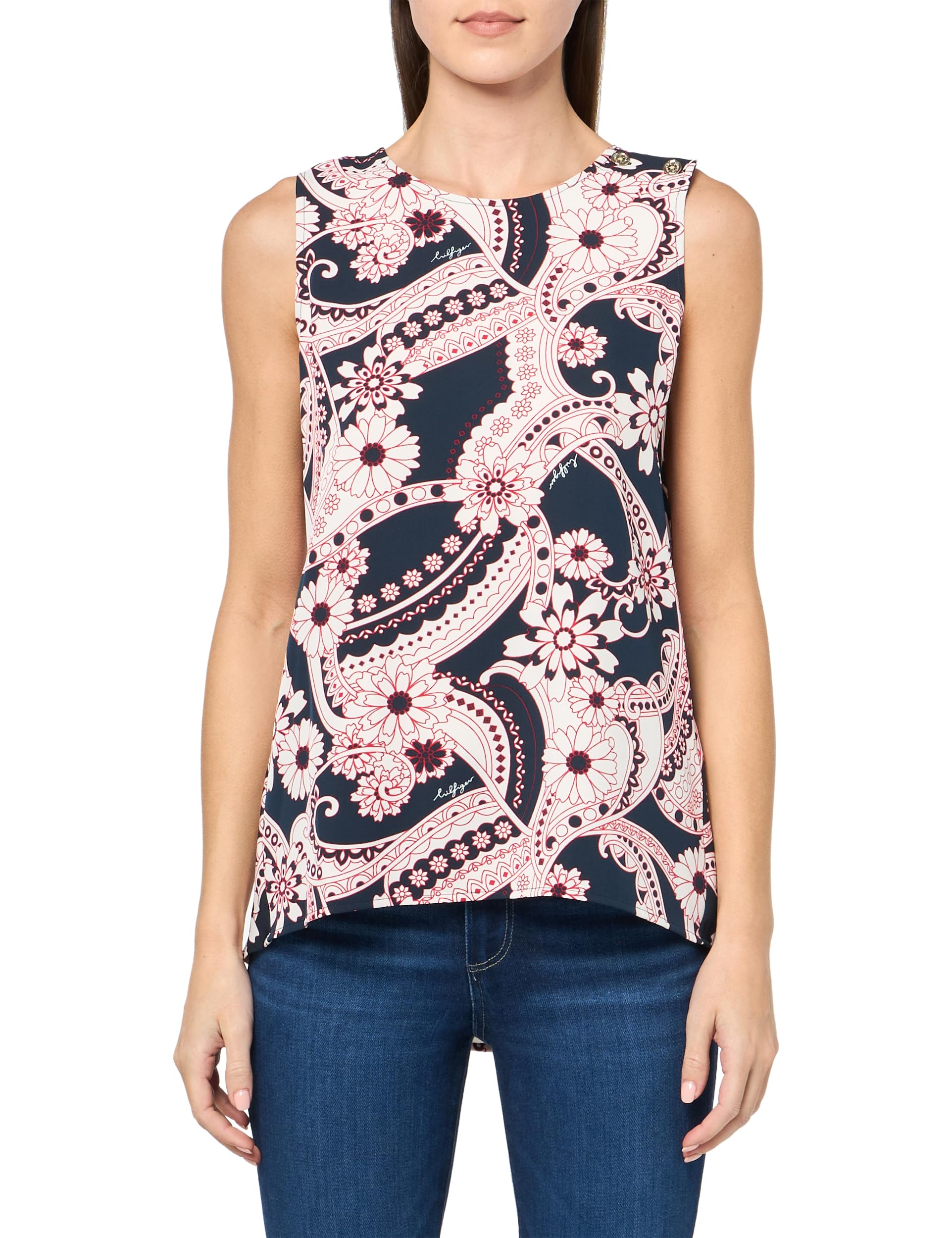 Tommy Hilfiger Crewneck Sleeveless Paisley Print Sportswear Top Camiseta Deportiva sin Mangas con Cuello Redondo y Estampado de Cachemira Mujer