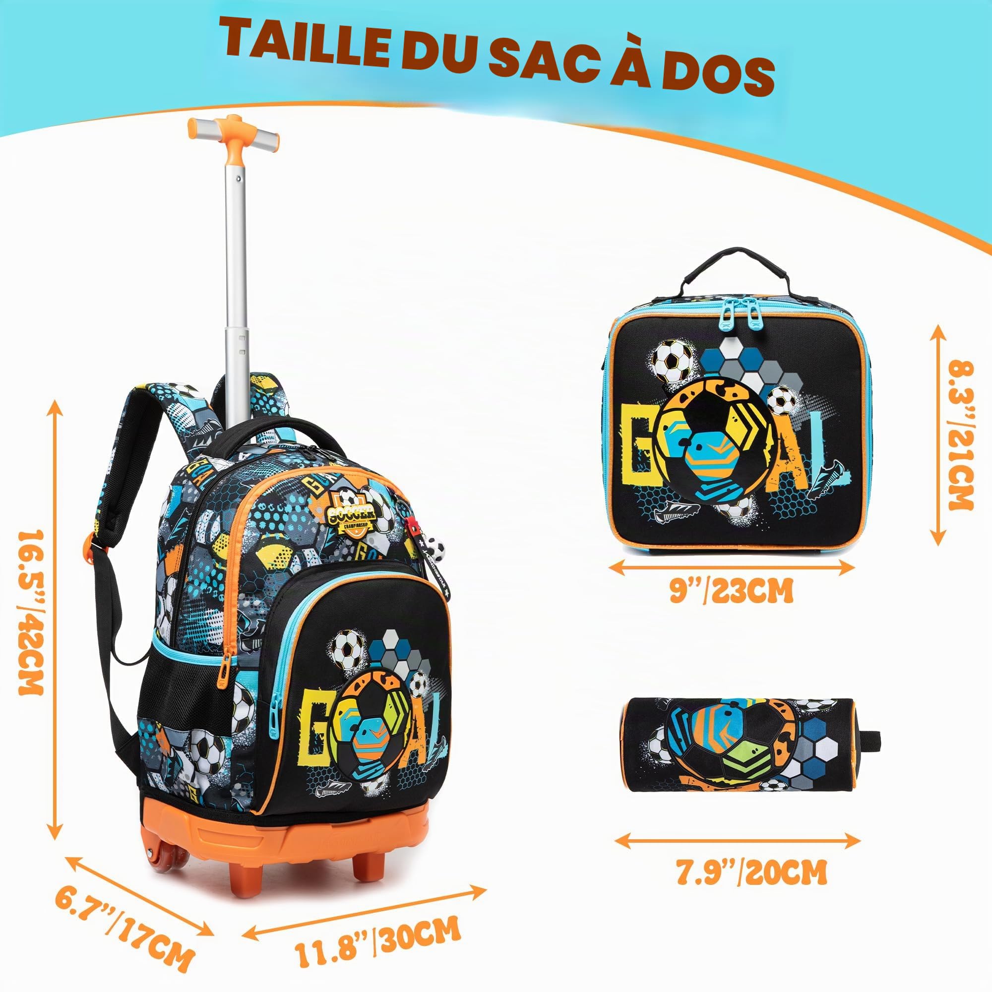 HTgroce Cartable a Roulette Fille Sac à Dos Cartable a Roulette Comprend Un Sac à Lunch et Un étui à Crayons