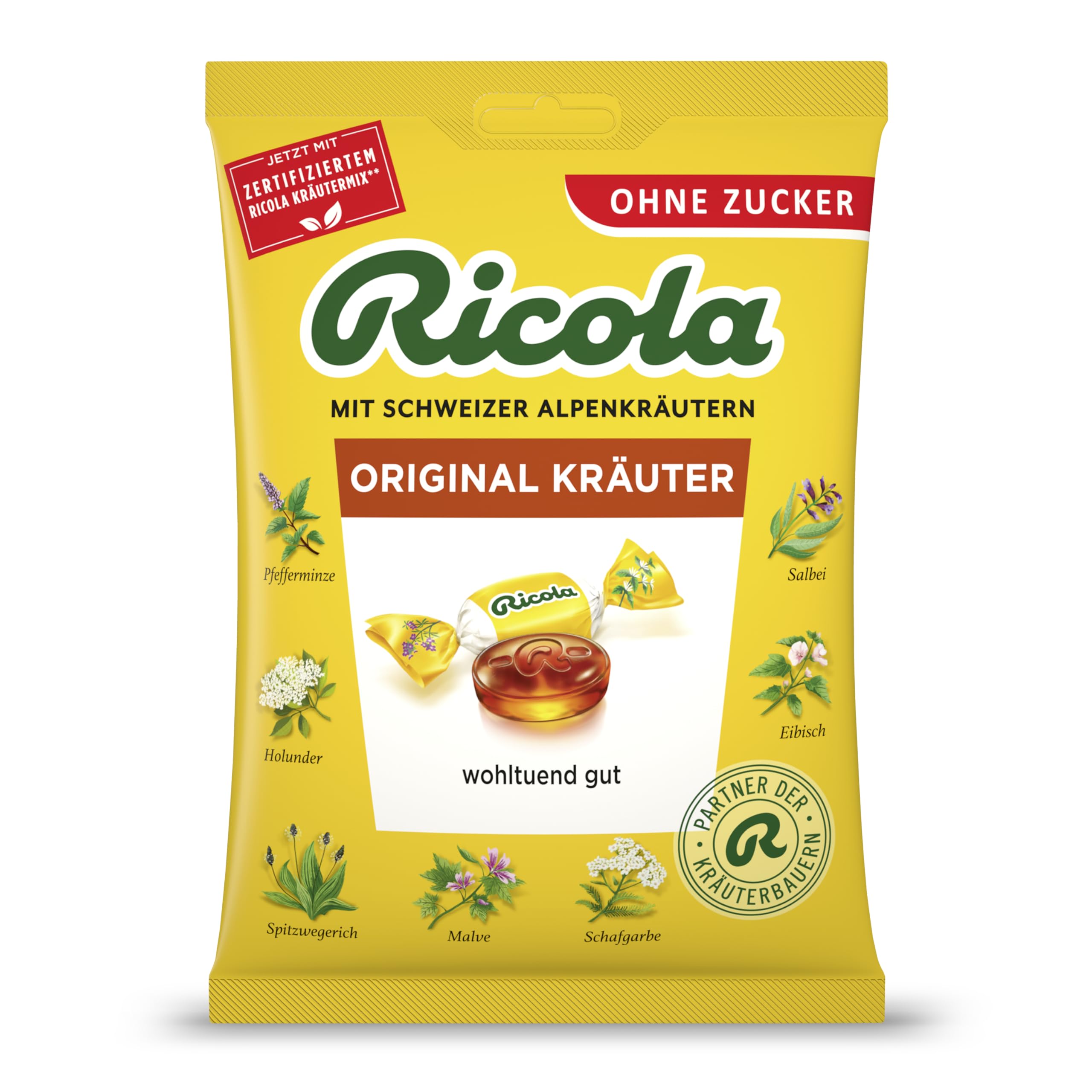 Ricola Original Kräuter, 75g Beutel Original Schweizer Kräuter-Bonbons mit 13 Schweizer Alpenkräutern, zuckerfrei, 1 x 75g, vegan