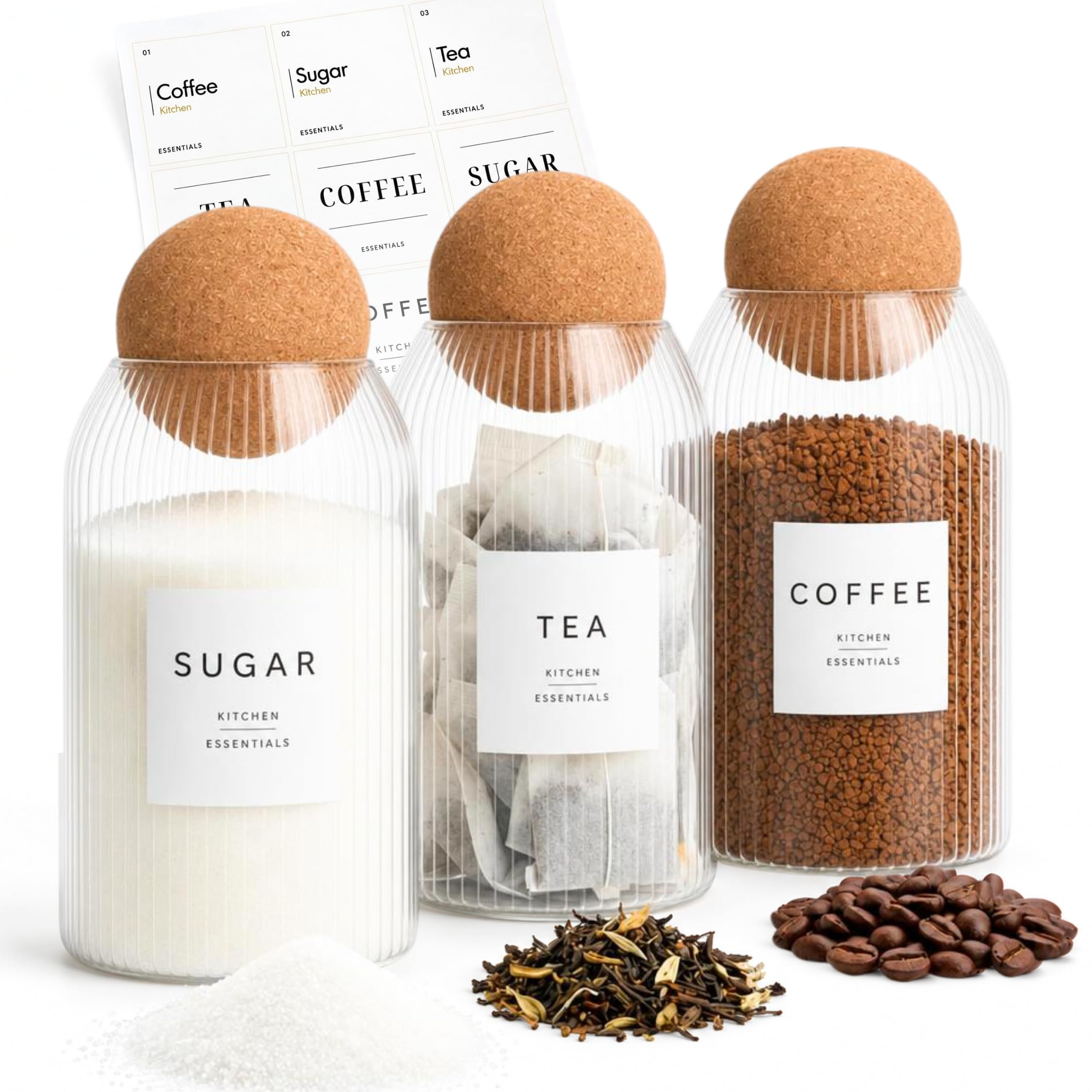 Livabl Ribbed Glass Jars with Cork Ball Lids, Set of 3, 750ml