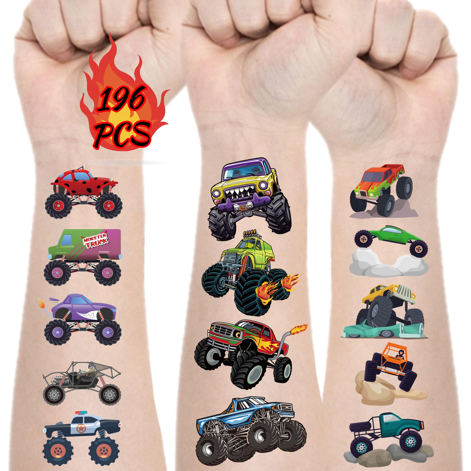 Monster Truck Temporary Tattoos for Kids - Pack of 196PCS Stickers for Monster Truck Party Favors, Monster Truck Makeup, Party Cosplay Decorations, Monster Truck Face Decals Party Supplies