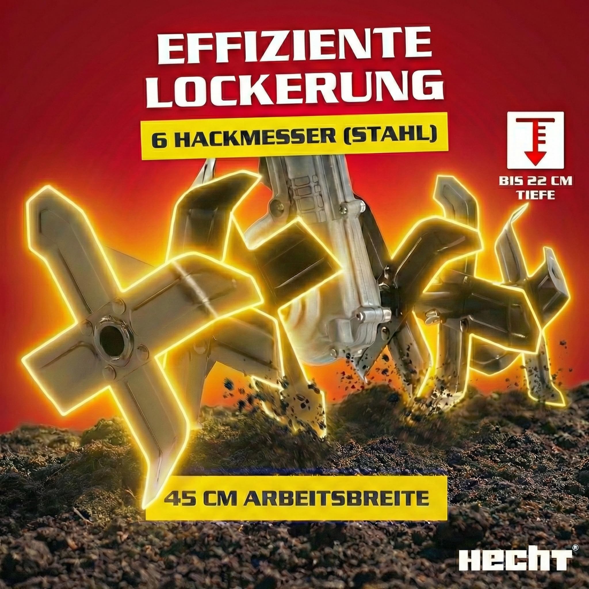 HECHT Elektro Gartenfräse 1800 W 45 cm Arbeitsbreite | Elektrische Motorhacke, Bodenfräse und Bodenhacke, Metallgetriebe, 24 Stahlmesser, 11 kg, ohne Benzin
