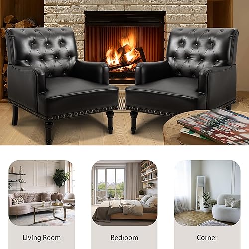 Miniatura 6 de MOJAY Silla decorativa de piel sintética, sillón de mediados de siglo, sofá con patas de madera de goma, silla de club con ribete de remache para