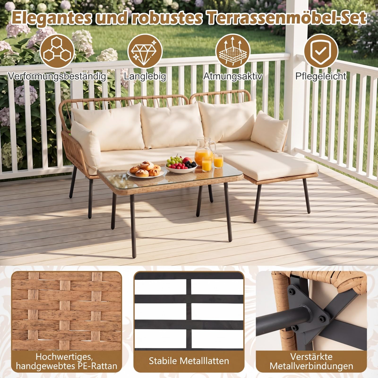 COSTWAY Lounge Möbel Outdoor, Polyrattan Gartenlounge mit Tisch und Kissen, Gartenmöbel Set, Balkonmöbel, Terrassenmöbel, Sitzgarnitur, 3-teilige Sitzgruppe für Garten, Balkon, Terrasse