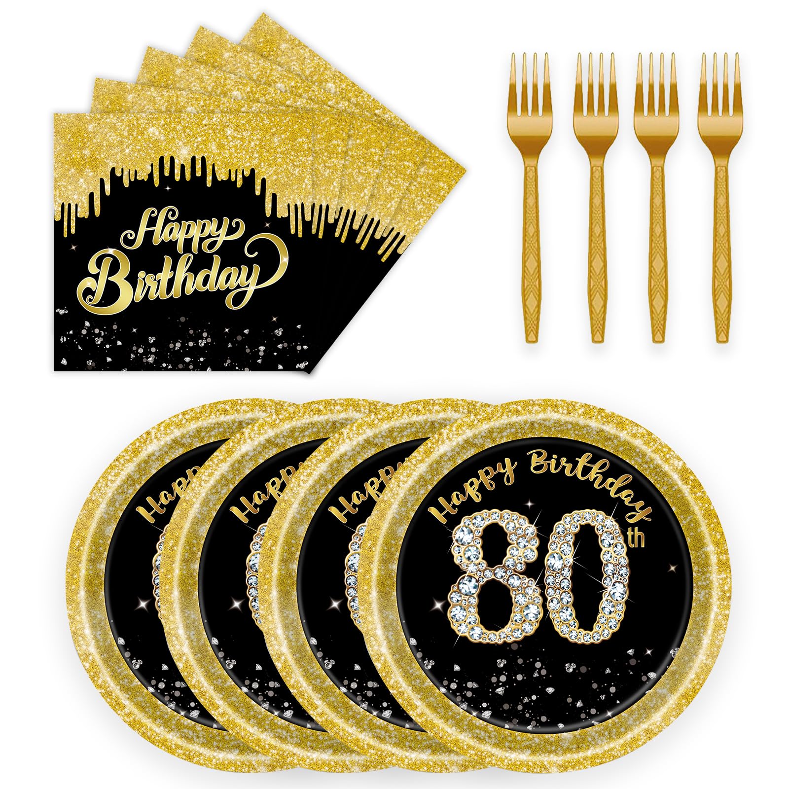 72 Pcs 80th Birthday Paper Plates and Napkins Party Supplies, Back Gold 80th Birthday Party Plates and Napkins Tableware Set for Men Women Cheers to
