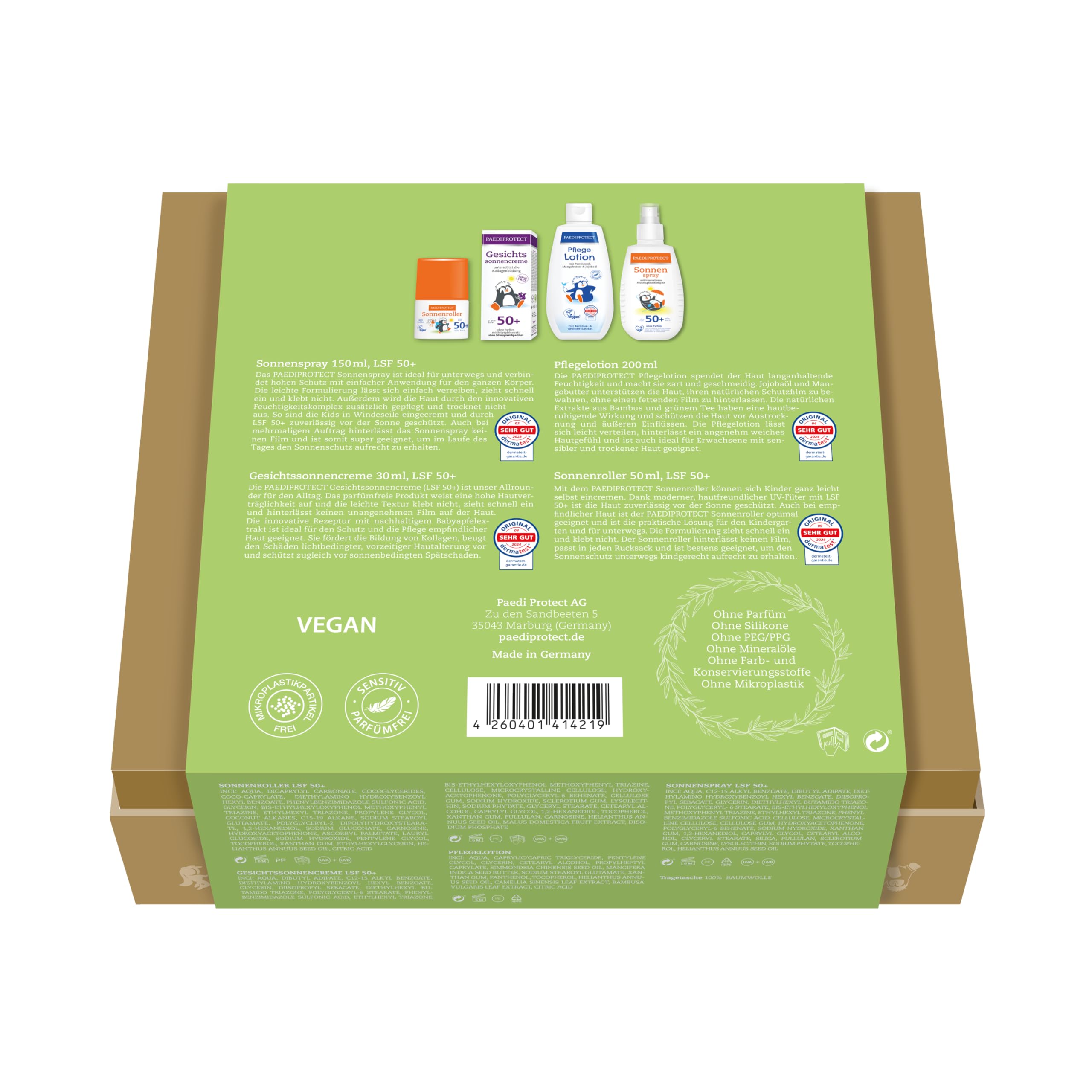 PAEDIPROTECT Frühlings-Set 5 Baby- & Kinder Sonnenschutz LSF 50+ & Hautpflege Produkte, inkl. 2x Gesichtssonnencreme, 1x Sonnenspray, 1x Pflegelotion & 1x Lippenpflege, veganes Pflegeset Geschenkset