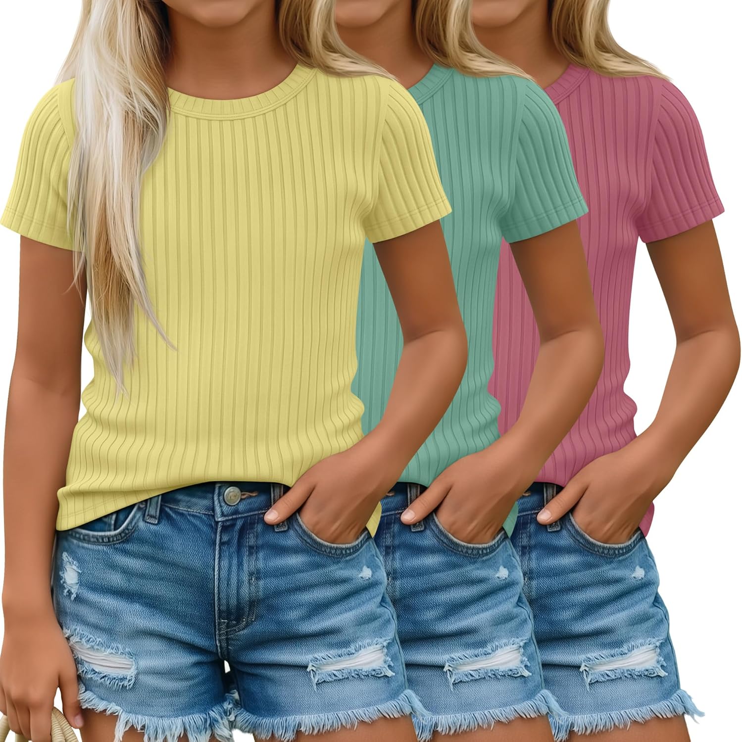 3 Pack Girls' Short Sleeve Shirts Kids Ribbed Knit Crew Neck Tees Summer Basic Casual Tops 5-14 Years