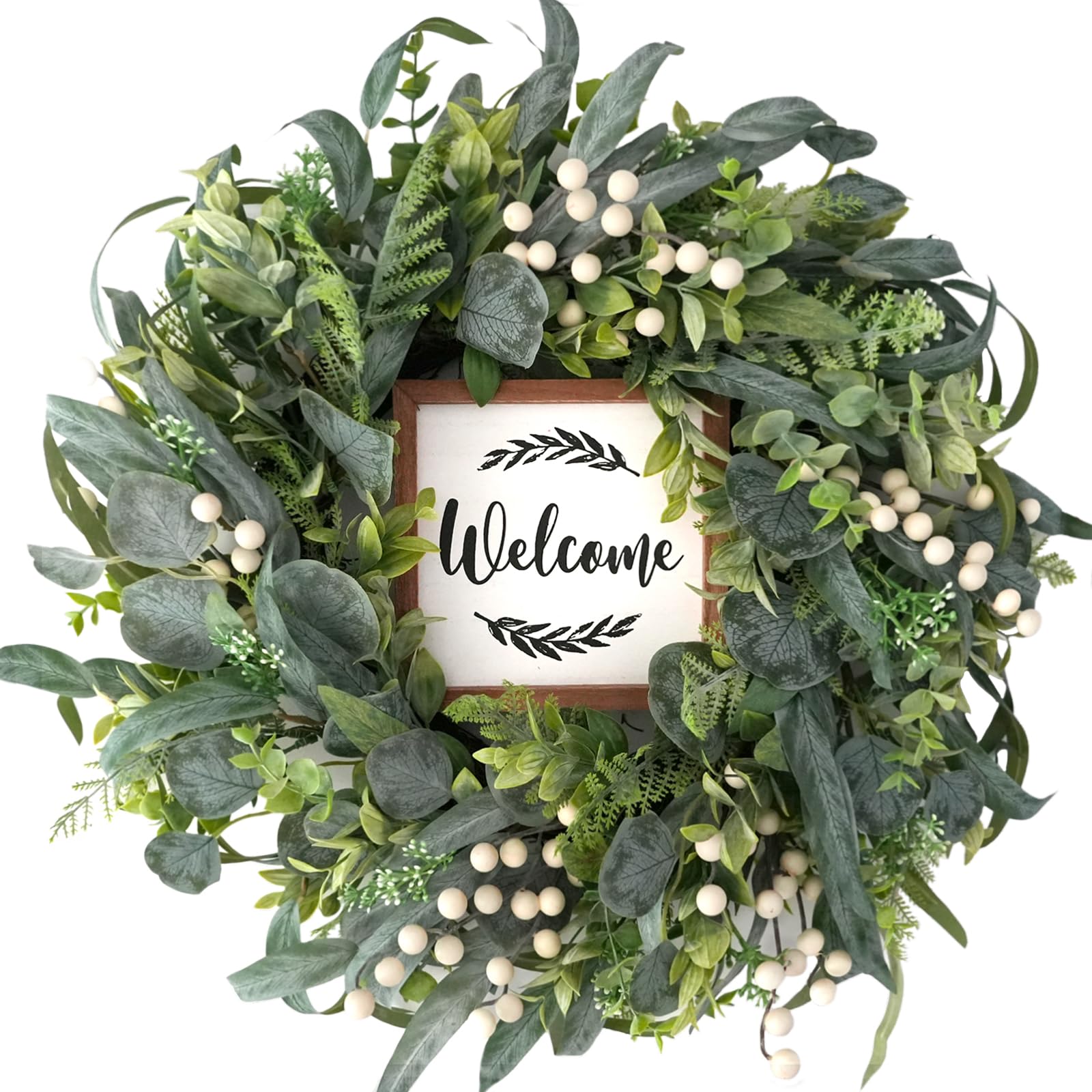 Green Eucalyptus Wreath for Front Door, 20 inch Eucalyptus Leaves and White Berries Wreath with Welcome Sign, Spring/Summer Wreaths for Indoor/Outdoor Farmhouse Home Wall Window Decor