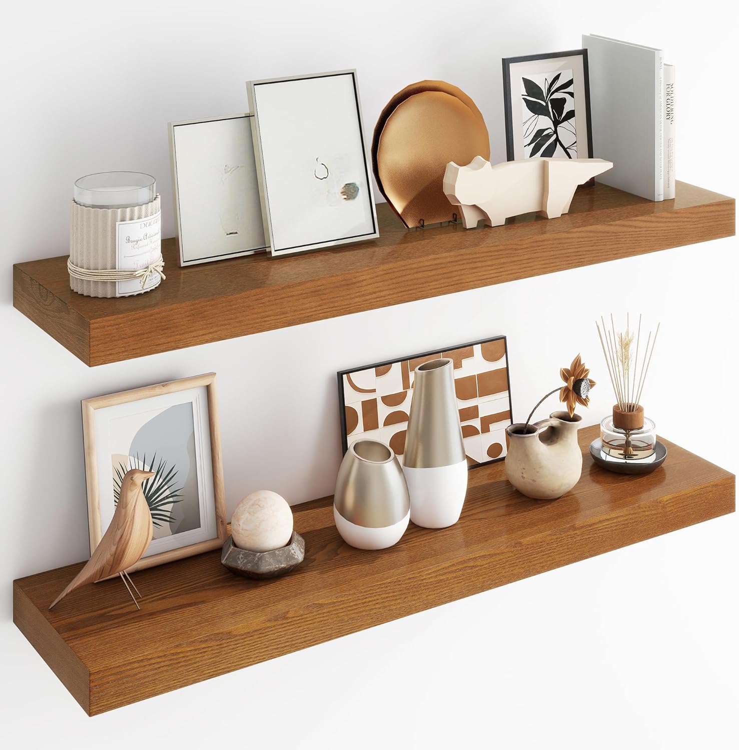Floating Shelves for Wall | 36 Inch Rustic Floating Shelves with Solid Ash Wood Veneer Set of 2 | 9.3 Inch Deep Floating Wall Shelves with Upgraded Brackets | for Living Room Bathroom 36in, 2Pack Golden Oak