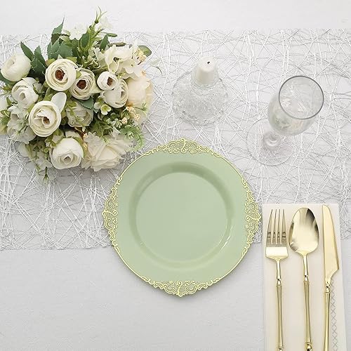 Miniatura 9 de Tableclothsfactory Paquete de 10 platos redondos de plástico barroco verde salviadorado de 8 pulgadas para ensalada de postre, vajilla desechable