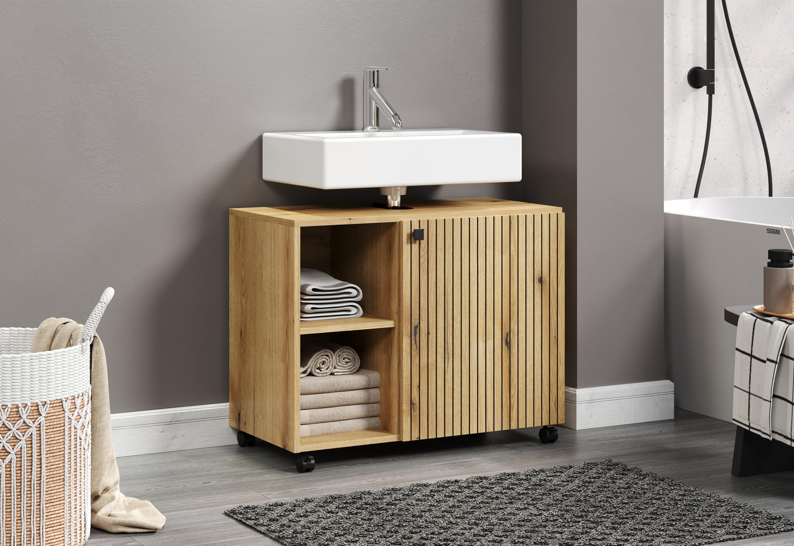trendteam Smart Living - Mueble bajo Lavabo con Ruedas - Baño - PureBliss - Dimensiones de Montaje (Ancho x Alto x Profundidad) 80 x 64 x 42 cm - Color Roble Evoke con Ranuras Negras - 233730142