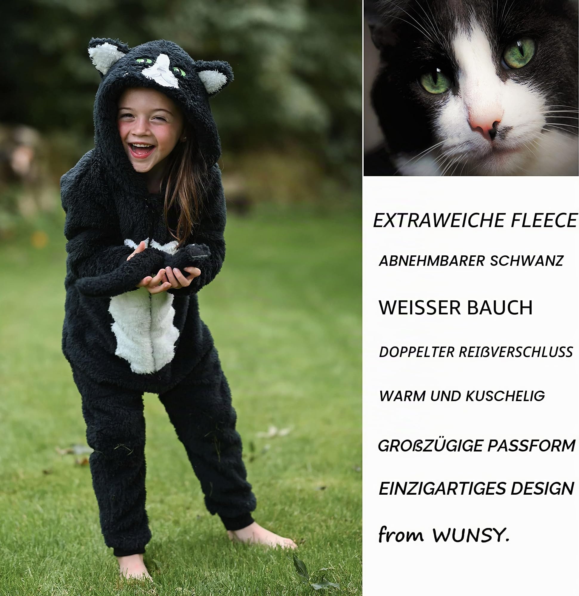 Tierkostüme Einteiler für Kinder Katze Kätzchen schwarz-weiß Fleece 2-13 Jahre