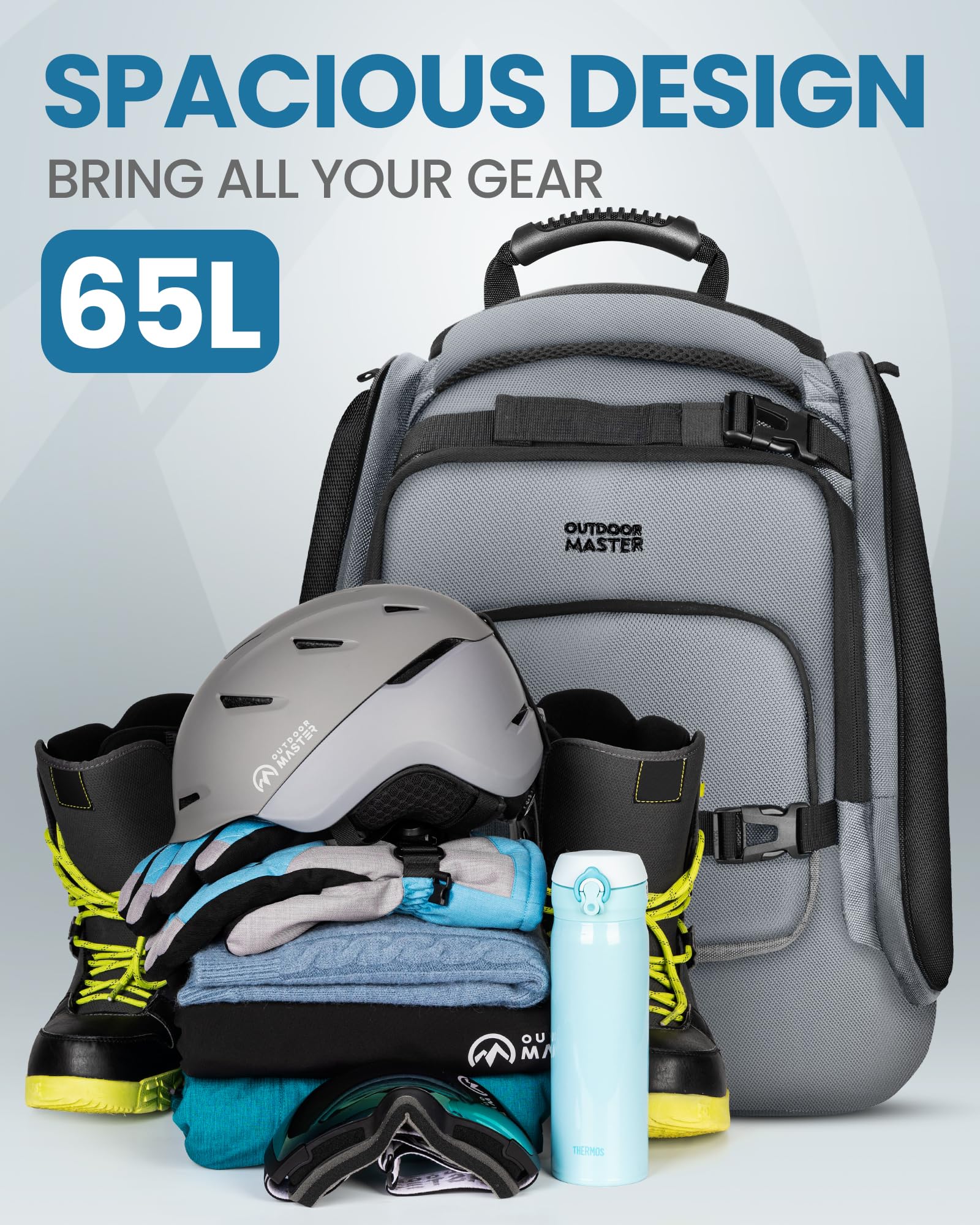 OutdoorMaster torba na buty narciarskie, 65 l, wodoodporna, na buty narciarskie, snowboard, naramiennik, plecak narciarski na kask, gogle dla mężczyzn i kobiet