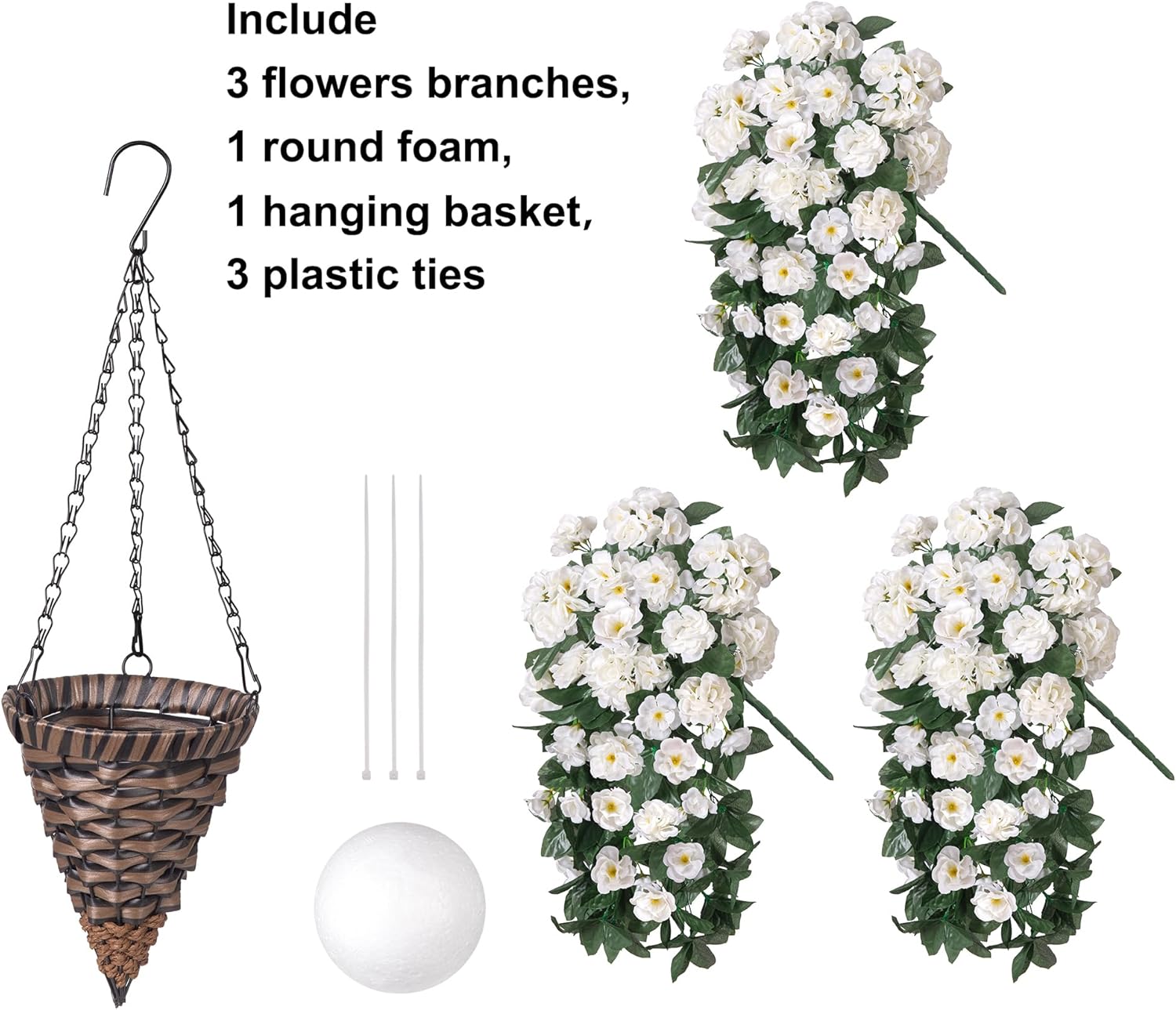 Artificial Geraniums Fake Hanging Flowers Basket for Spring Outdoor Decoration, Faux Plants Silk Geraniums Vines in Planter UV Resistant Look Real for Outdoors Yard Patio Porch Home Decor, White - Image 3