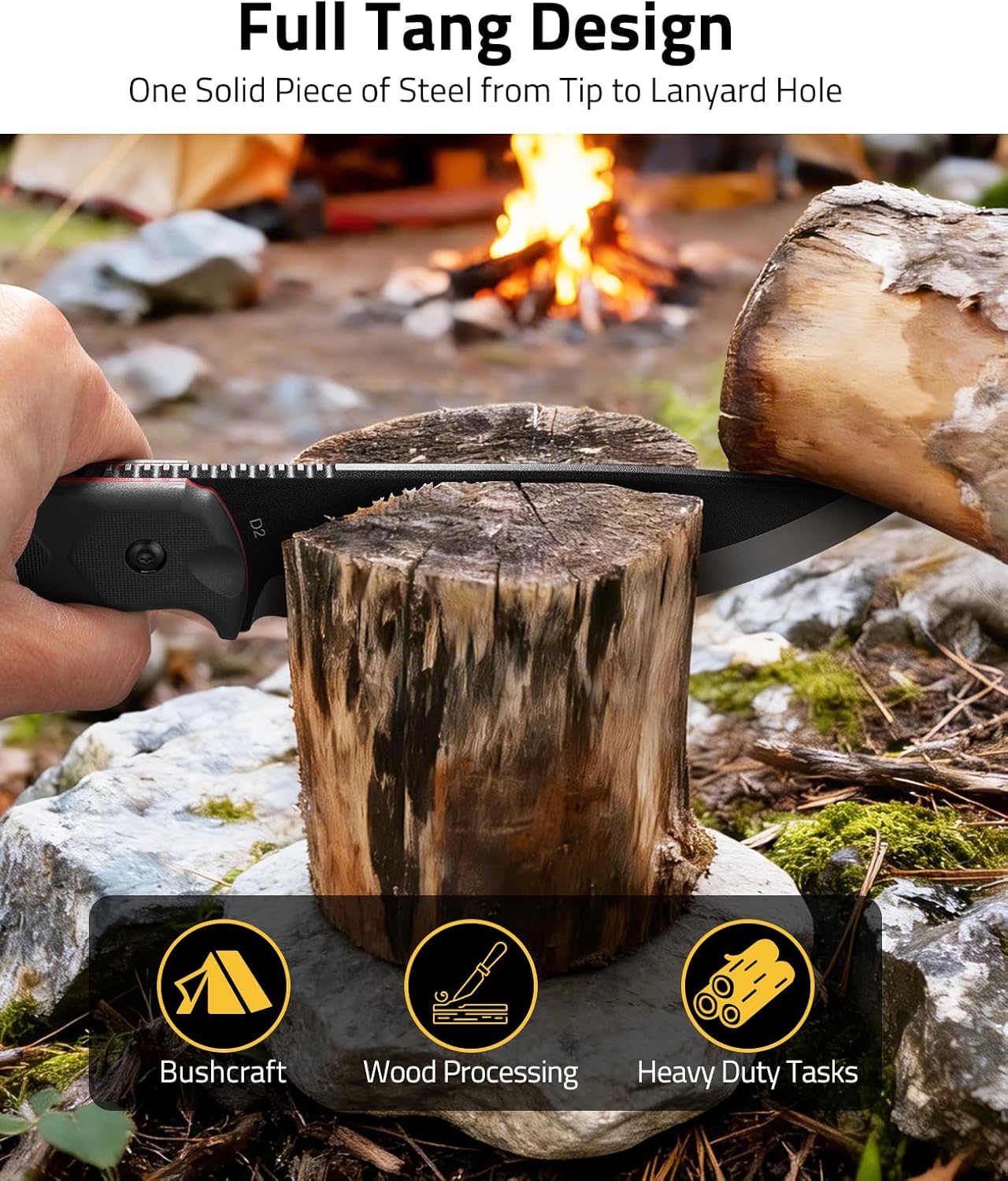 CVLIFE Full Tang Fixed Blade Knife with Sheath, Sharp 5.1'' D2 Steel Survival Knives with Ergonomic Non-Slip Handle & Multi-Angle Clip, EDC Camping Hunting Bushcraft Knives Outdoor Tools, Black