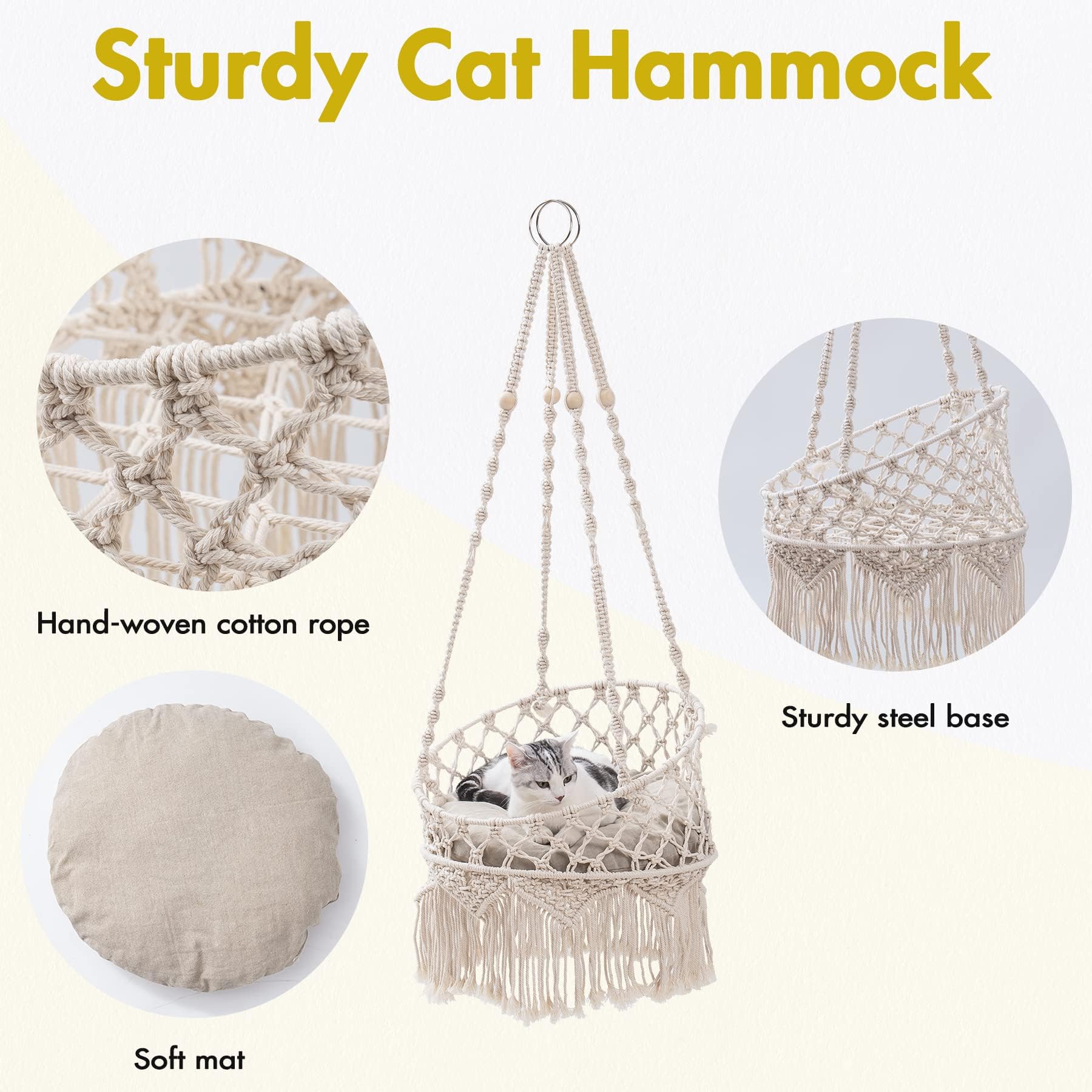 MEWOOFUN Hamaca de macramé tejida a mano, columpio bohemio para gatos de interior, cama colgante decorativa para dormir, jugar y relajarse, cama columpio para mascotas con kit para colgar (estilo 1)