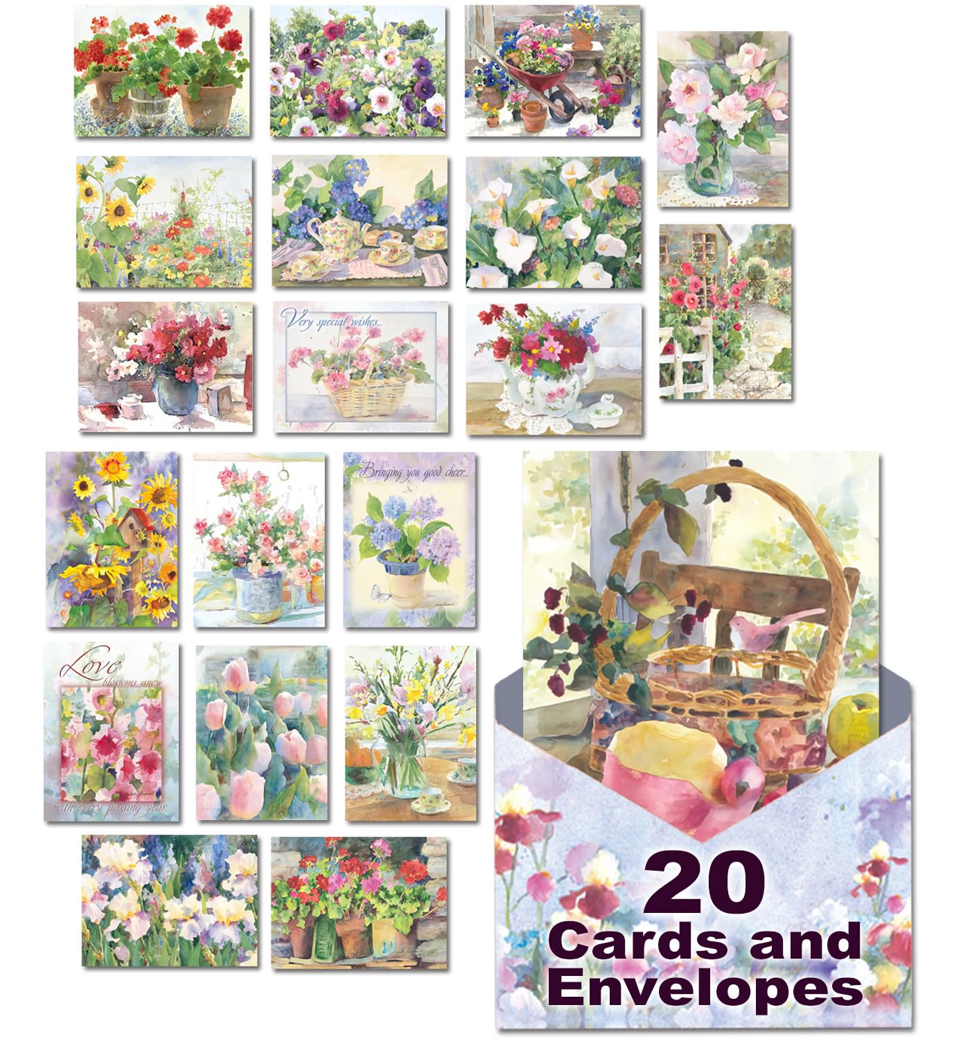 Leanin' Tree The Art of Judy Buswell Floral Greeting Variety for Birthday Cards and Birthday Card Messages, Garden Watercolor All Occasion Set of 20,