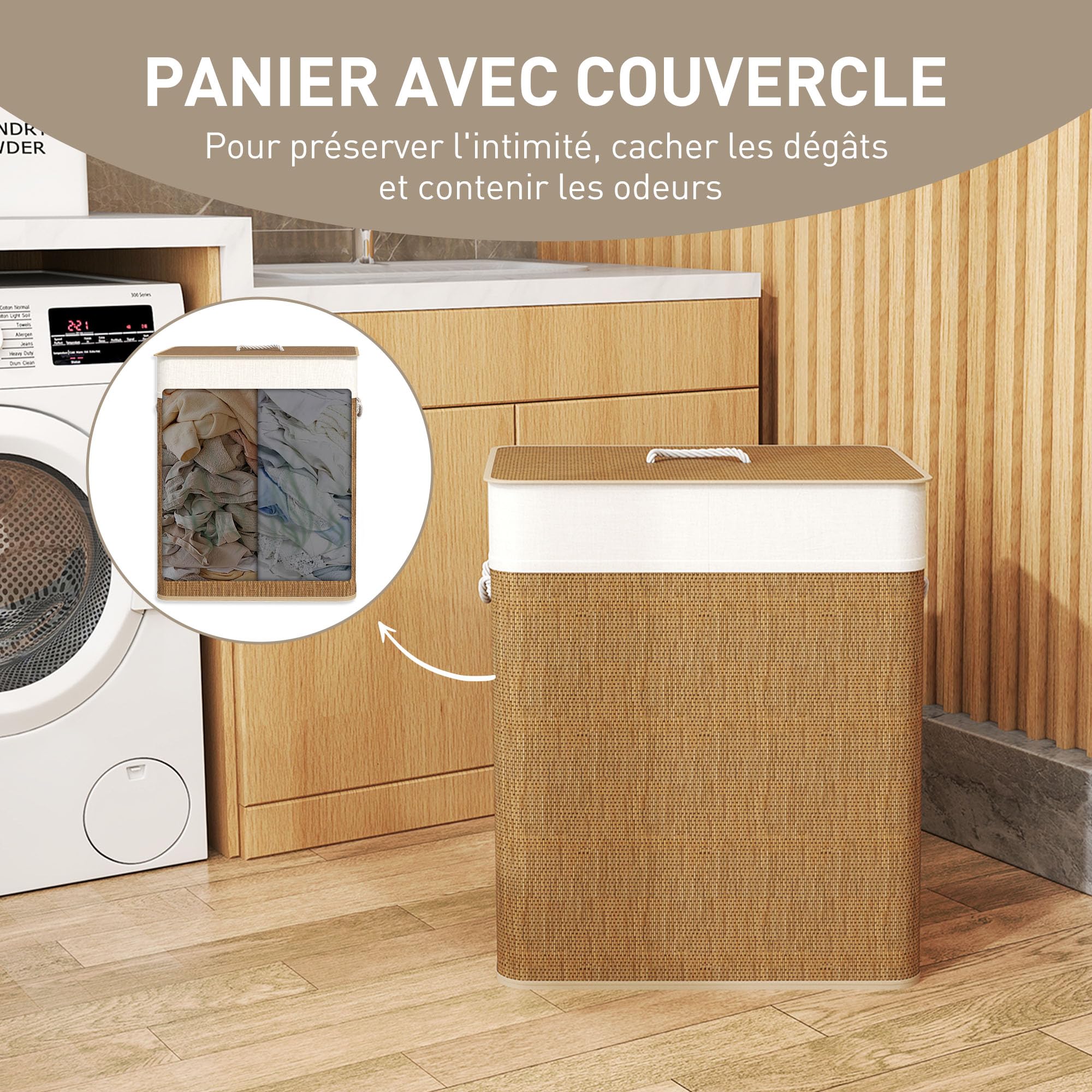 HOMCOM Panier à Linge avec 2 Compartiments 100 L, Corbeille à Linge Sale en Bambou avec Couvercle, Poignées en Corde, Doublure Amovible pour Salle de Bain, Chambre à Coucher, Buanderie, Marron