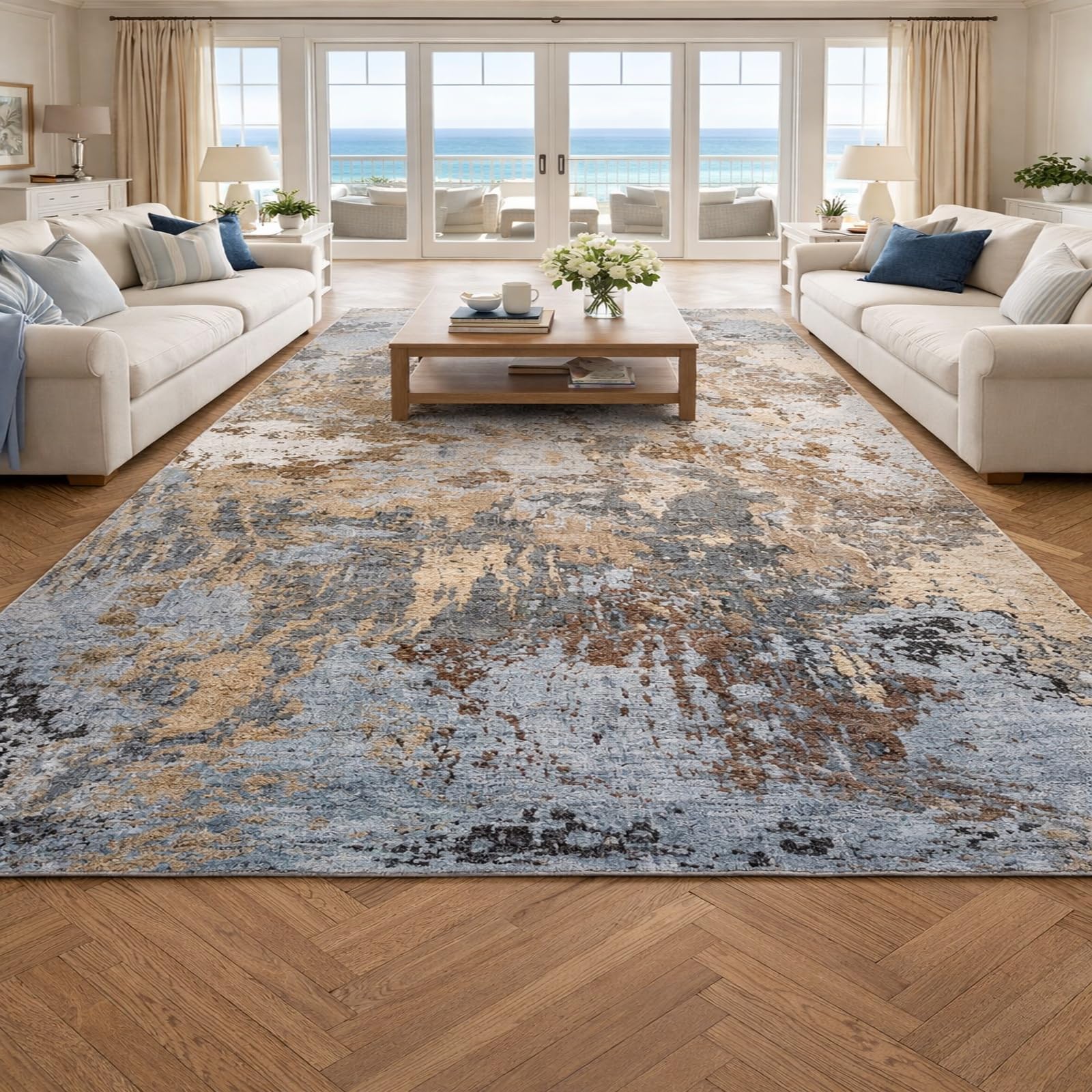 Tapis salon abstrait bleu et beige pour sublimer votre chambre