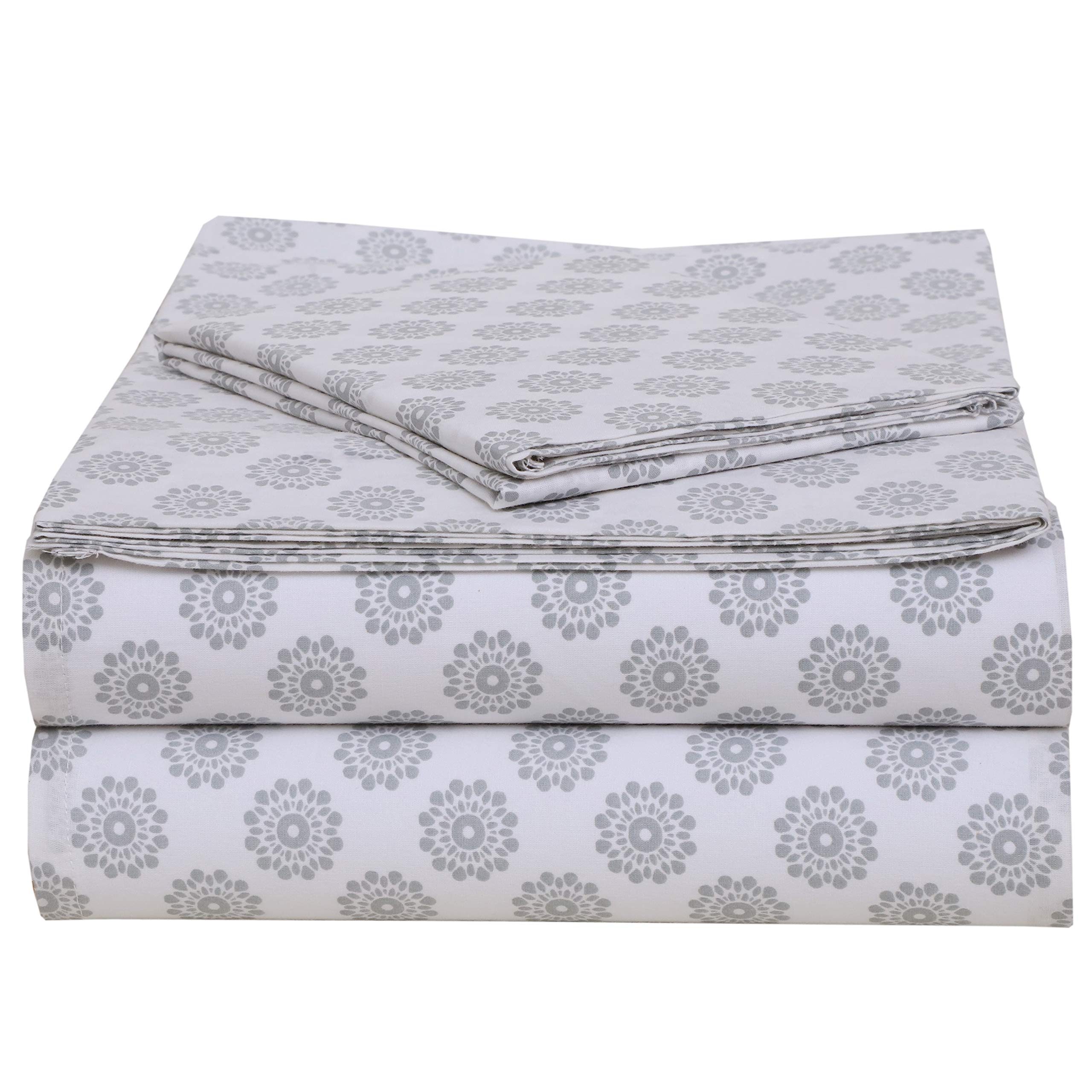EnvioHomeTwin Sheet Set - 3 Piece Patterned Percale Cotton Floral Twin Sheets with Fitted Sheet & 2 Pillowcase, Mandalas Grey