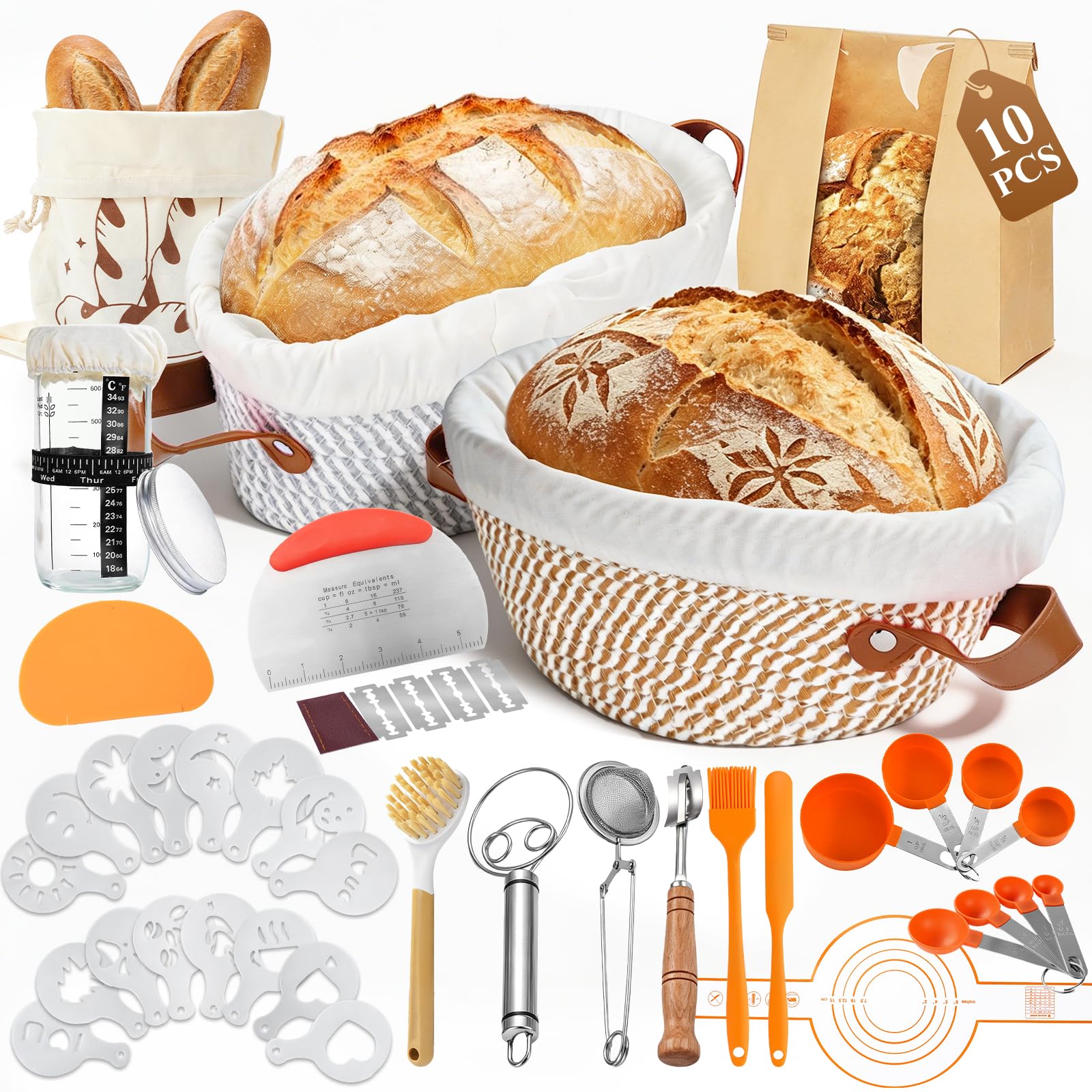 Juego de cesta de fermentación para levadura, 2 cestas de fermentación (ovalada de 25 cm y 23 cm redonda), juego de pan con vaso de masa madre, 16 diseños de impresión, 10 bolsas grandes de cortadores