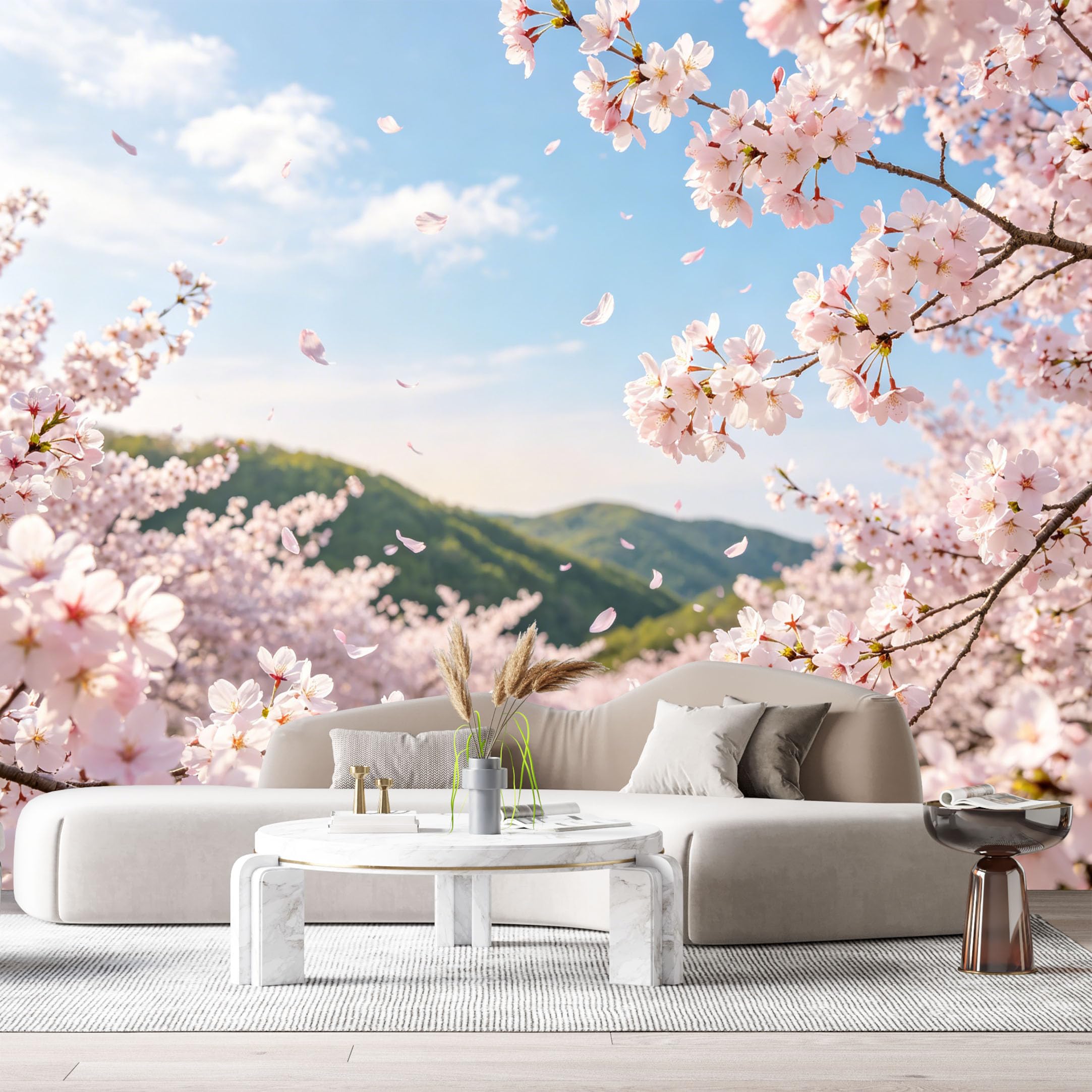 Custom Size Wall Murals Botanical Cherry Blossom Landscape Watercolor SelfAdhesive Wall Fabric Removable Large Wallpaper for Photo Living Room Bedroom Decor