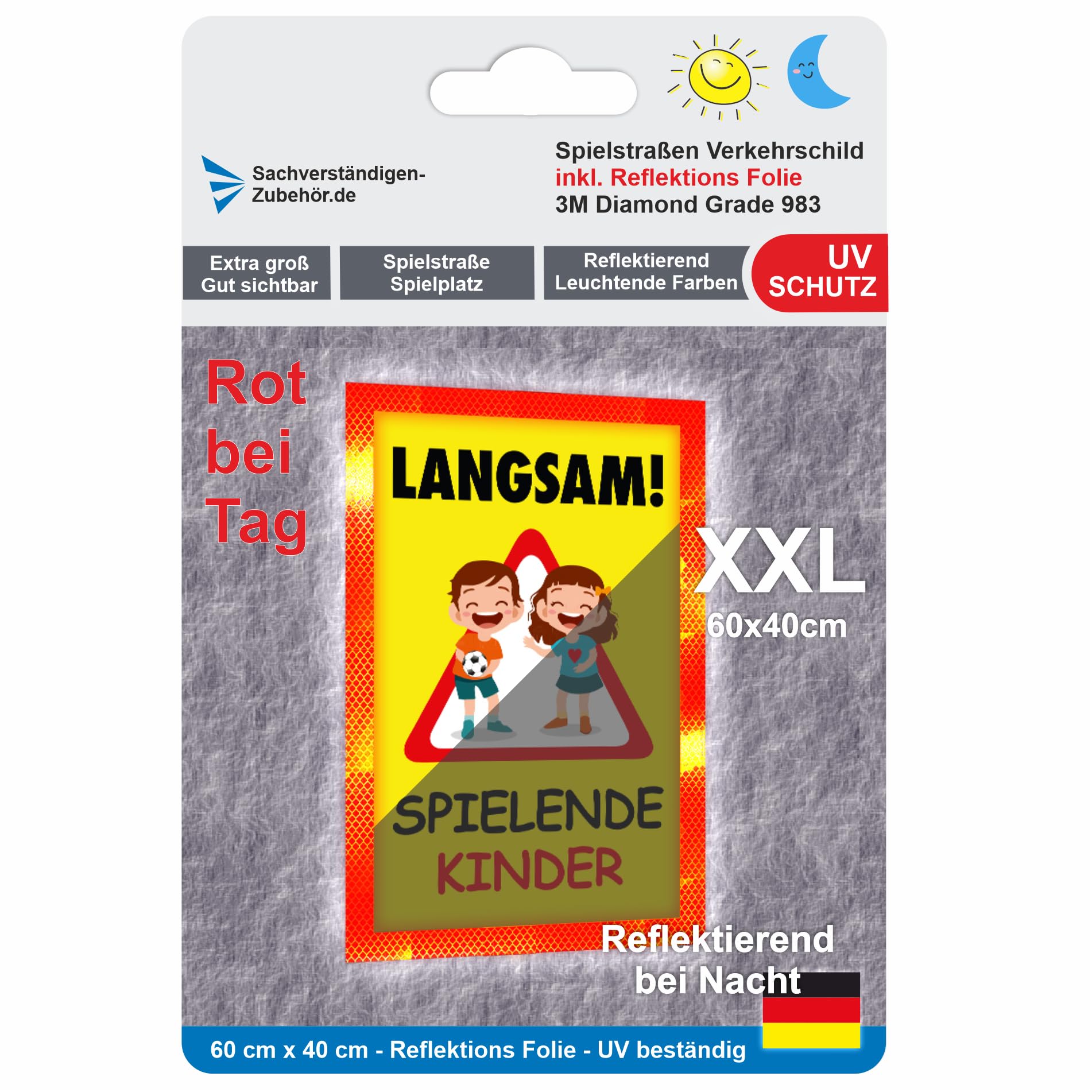 Sachverständigen-Zubehör® Achtung Kinder Sicherheit Schild XXL aus Metall [3 mm] mit Reflektoren [reflektierend leuchtend] Verkehrsschild Warnschild 60 x 40 cm Pylonen Warn Aufsteller Spielstrasse