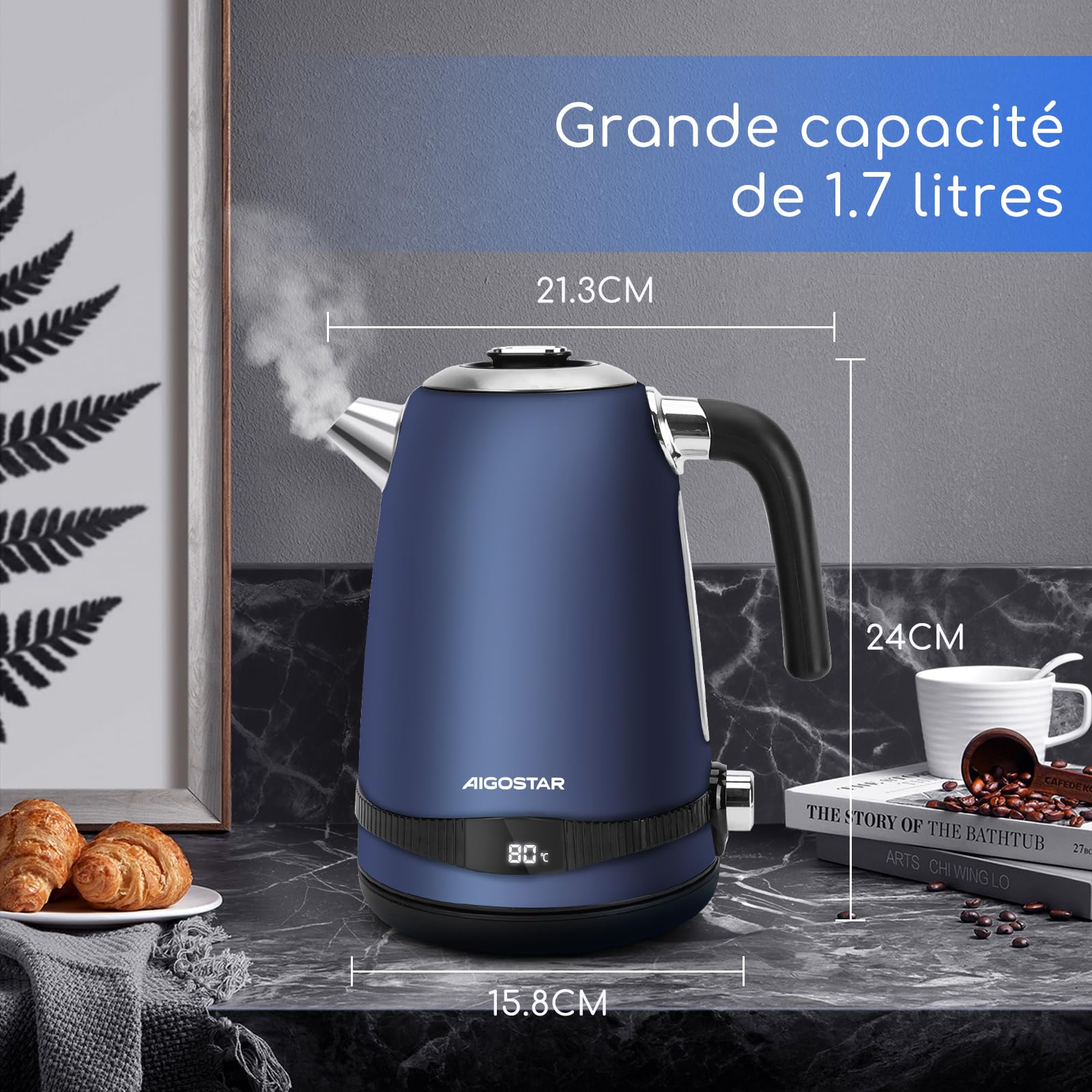 Aigostar Bouilloire Electrique Temperature Reglable inox 1,7L Bleu Foncé Vintage - Bouilloire électrique 2200W, Maintien Au Chaud, ébullition Rapide, Pas de Plastique à L'intérieur, Sans BPA