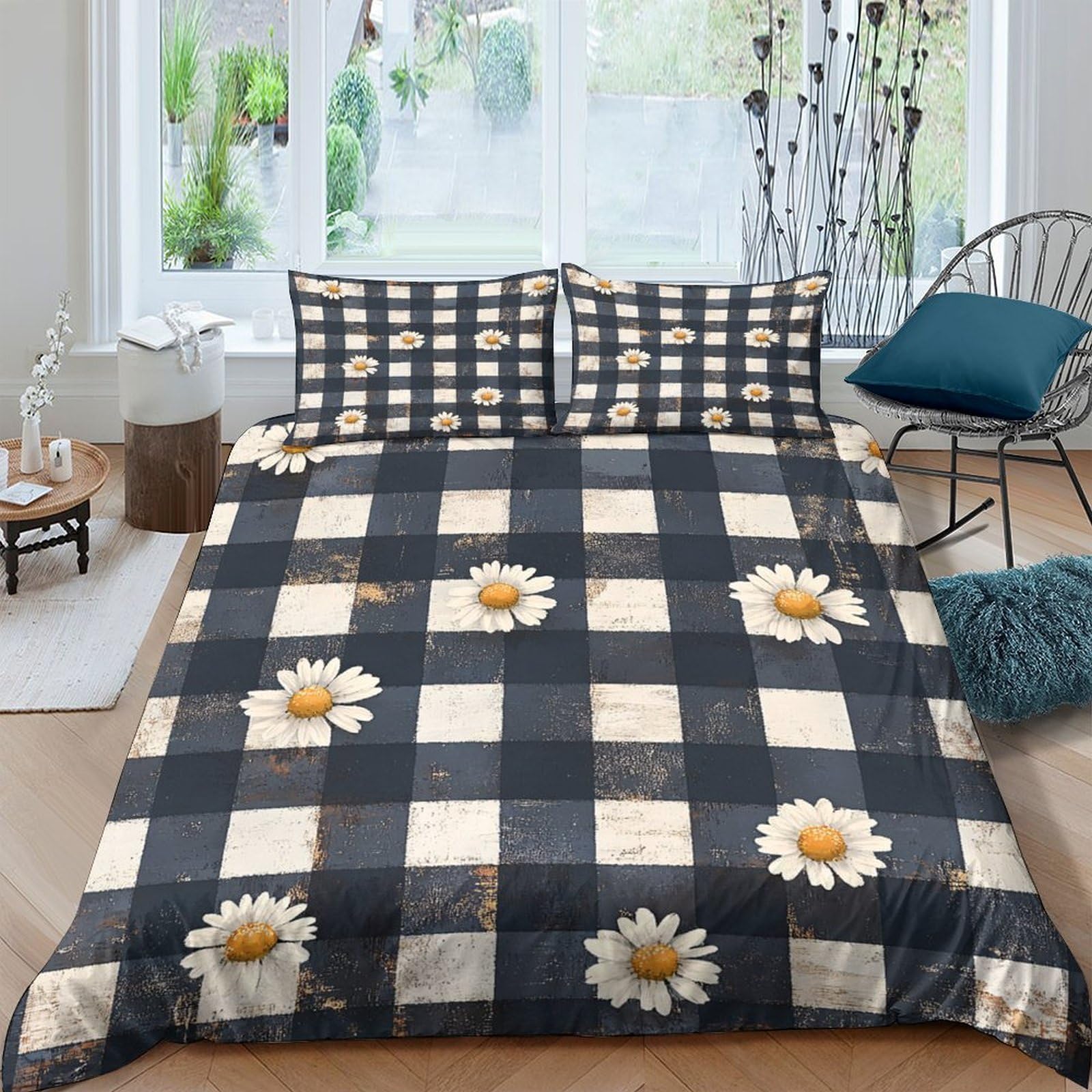 Ctjqhvkz Style-10 3D Printed Black White Plaid Fitted Sheet Microfiber Soft Daisy Flower Bed Cover Non-Slip Machine Washable Decor For Bedroom Guest Room Single（135X200cm）