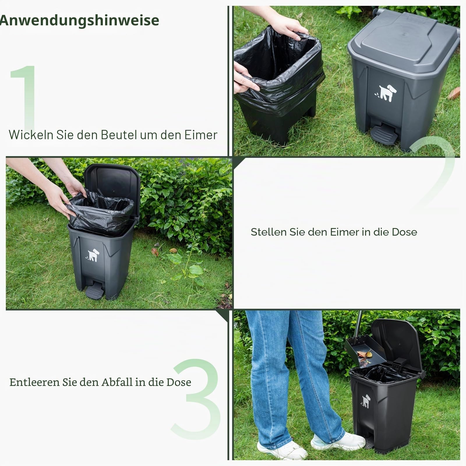 Hundekot-Mülleimer mit Deckel, 20 l, für den Außenbereich, Hundekoteimer für den Garten, mit herausnehmbarem Inneneimer und 150 Kotbeuteln, Haustierabfallbehälter (20 l)