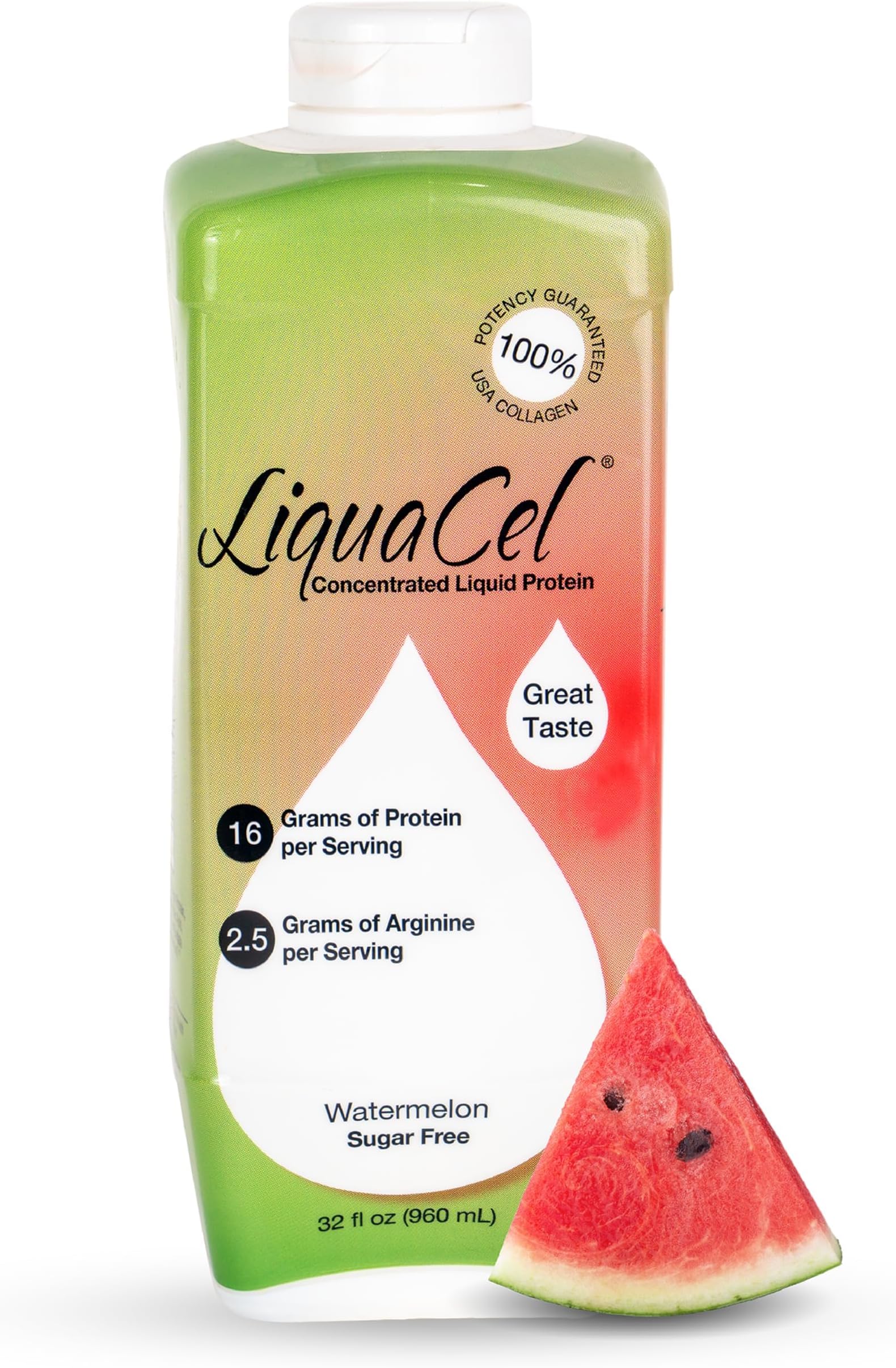 Concentrated Liquid Protein, Watermelon Flavor, Ready-to-Drink, 16g Hydrolyzed Collagen Protein and 2.5g Arginine Per 1oz Serving, Sugar & Gluten Free, 32 fl oz Bottle, Case of 6