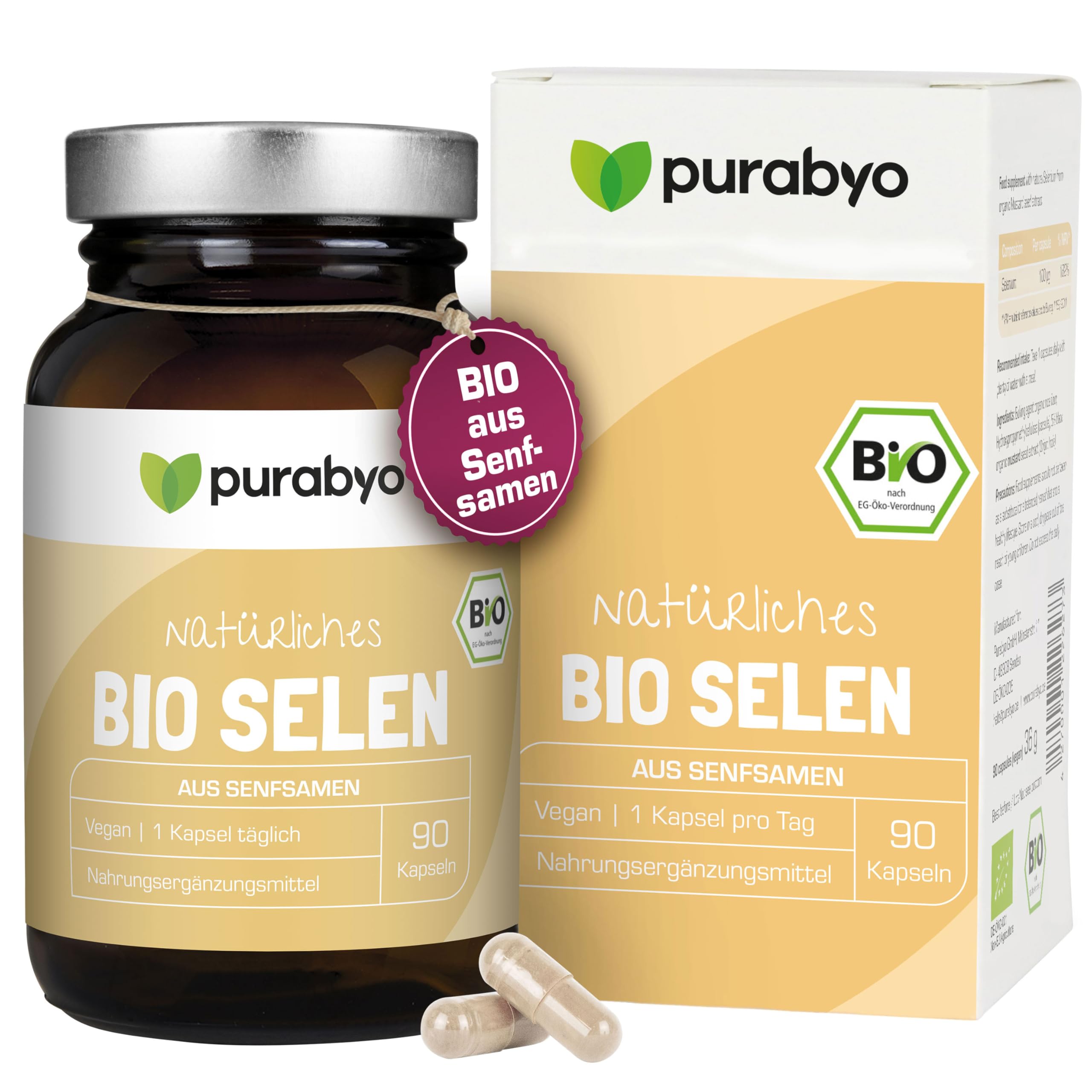 Purabyo BIO Selen Kapseln aus Senfsamen | im Glas | 100µg pro Kapsel | 3-Monatsversorgung | Organisch | Nur 1 Kapsel täglich | Selen Bio | vegan, laborgeprüft und in Deutschland hergestellt