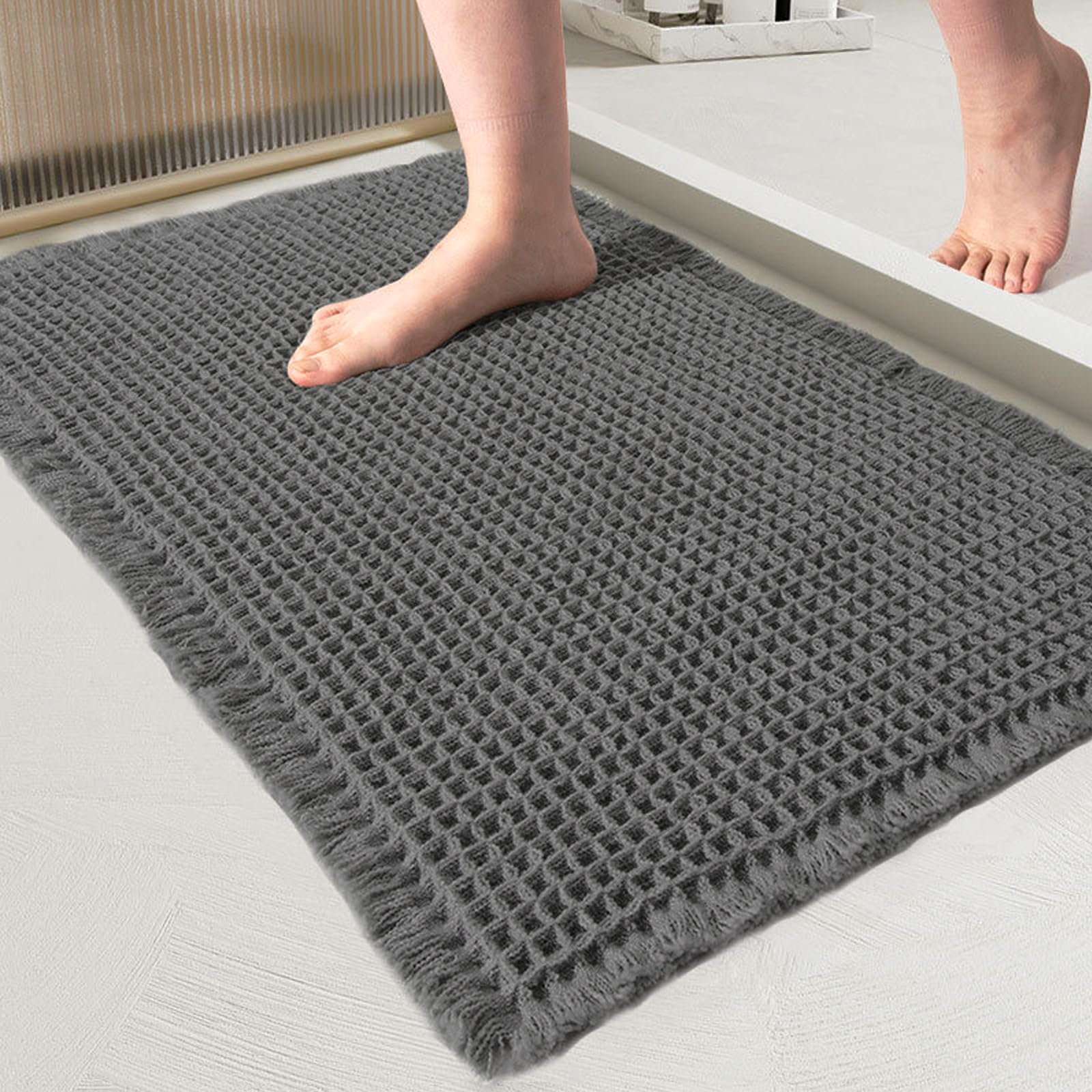 Jyswx Waffle Bath Mat – Quick Dry Non Slip Bathroom Mat, Soft Absorbent Anti-Mould Bathmat for Shower Floor, Washable Cotton Bath Rug, DarkGrey, 40 x 60 cm