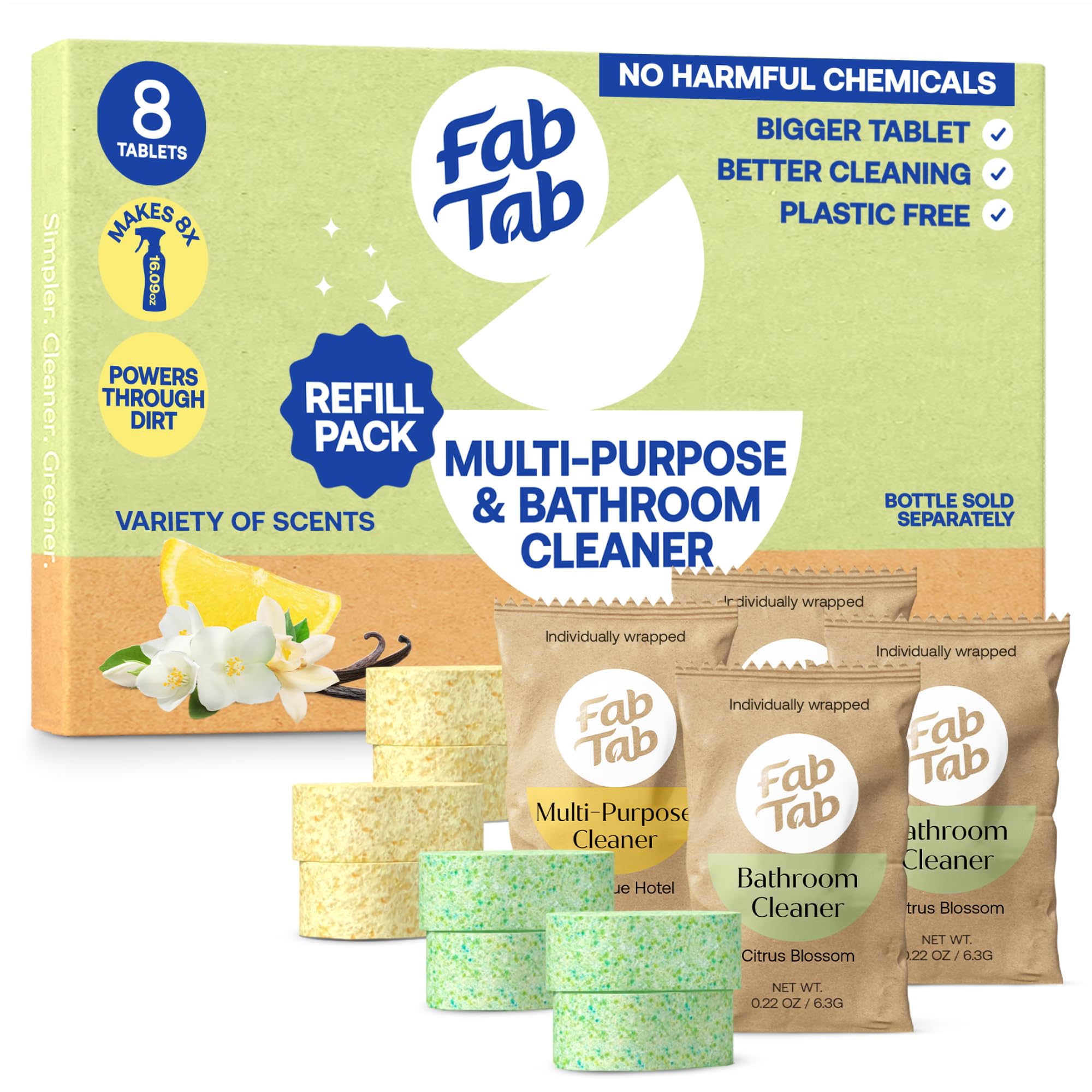 Fab Tab Multi-Purpose & Bathroom Cleaner Refill Tablets - Natural Cleaning Products - All-Purpose Cleaner Tablets - Plant-Based - No Harsh Chemicals - 8x 16.9 Fl oz Bottles (Bottles Not Included)