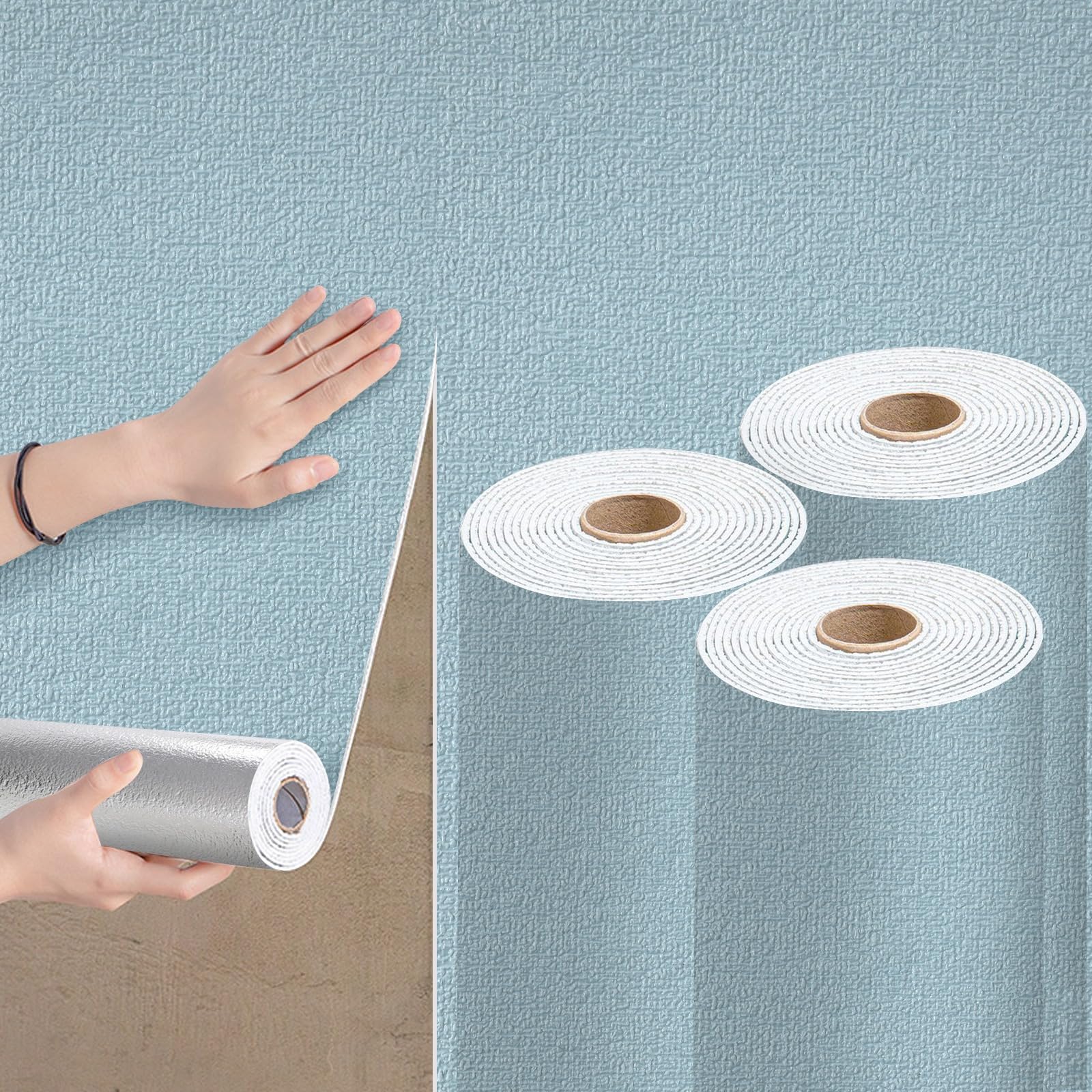 Camiraft Blue Self Adhesive Wallpaper Roll Peel and Stick Thermal Wallpaper for Bad Cold Walls -3 Rolls=4.2m² 3mm Thick Textured Insulated Lining Paper for Walls for Bedroom Living Room,Bathroom — image 1