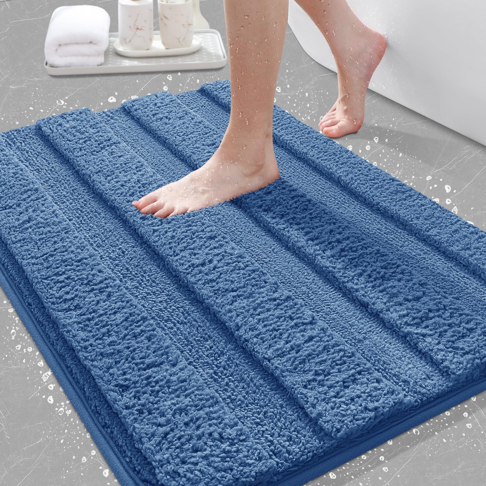 Striped Bathroom Rugs, Ultra Soft Plush Fluffy Microfiber Absorbent Bath Mat, Non-Slip Backing, Machine Washable Bath Mats for Bathroom Floor, Tub and Shower, Home Decor, Blue/32"x20"