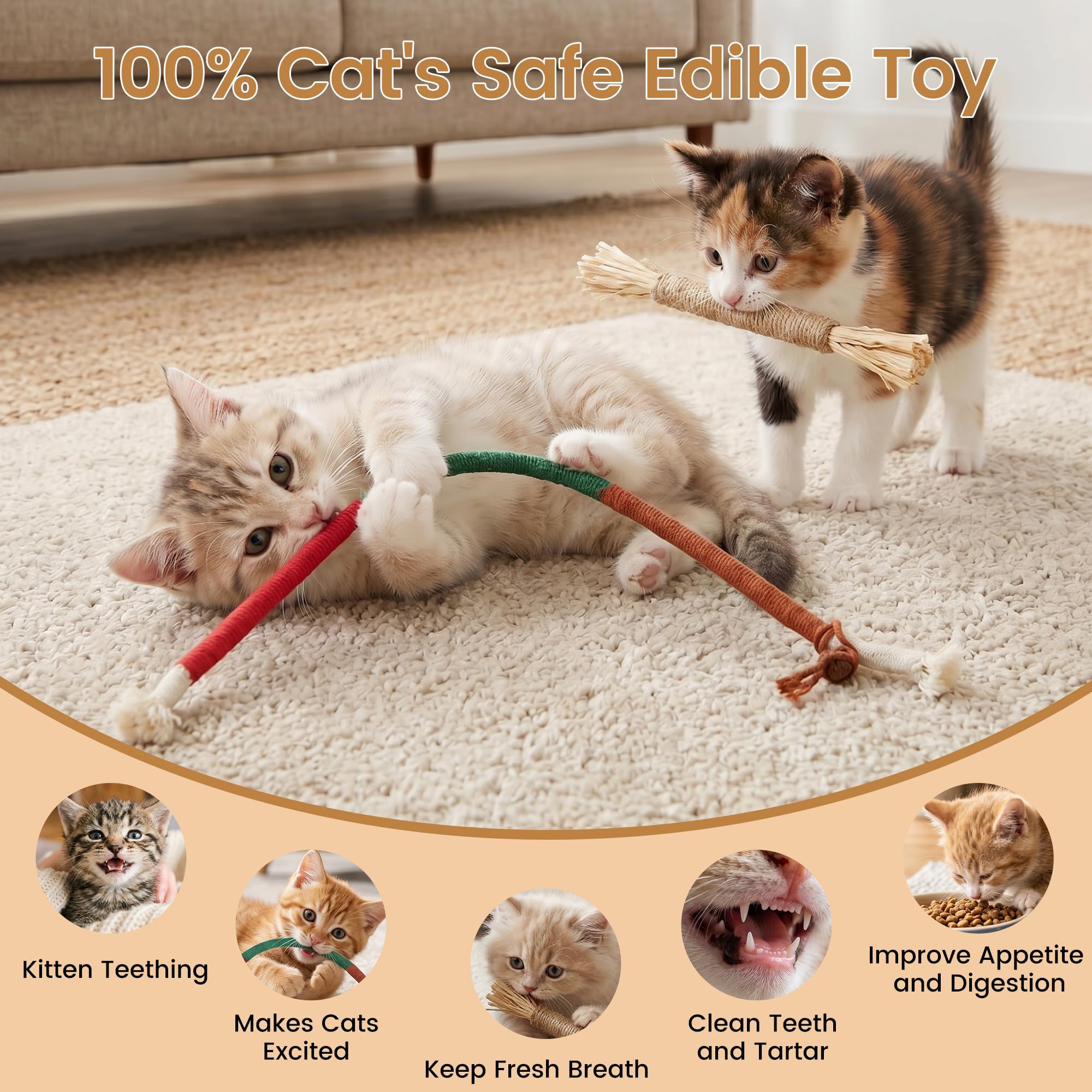 Juguetes para gatos, 7 cuerdas masticables para gatos y palos de vid plateada para gatos con hierba gatera natural y vid plateada, juguetes de limpieza segura de dientes para gatitos de
