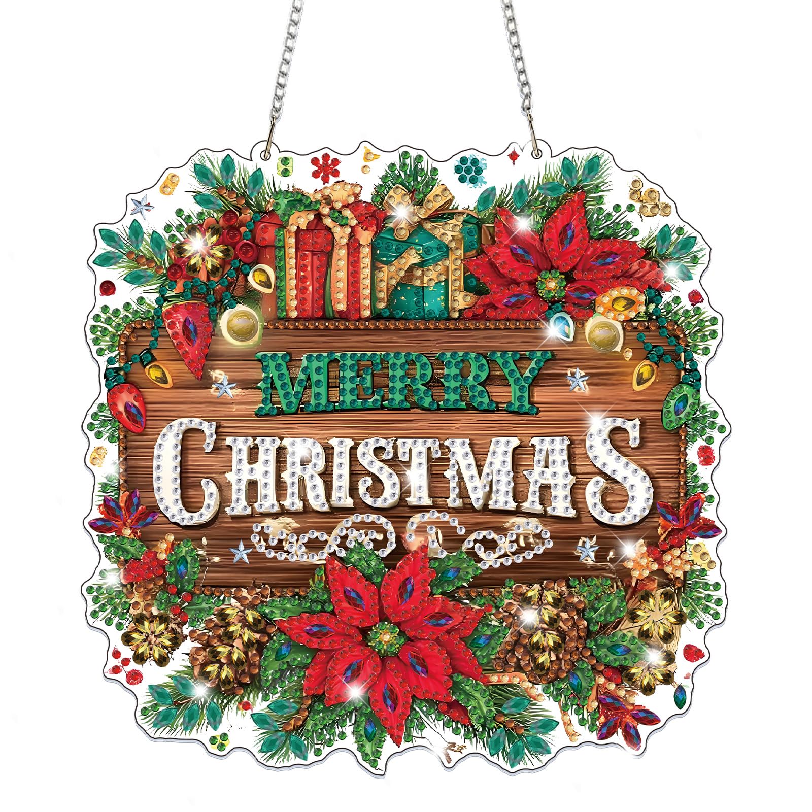 Lxmsja Christmas Wreath Diamond Art Hanging Ornaments with Chain for Adults Kids, Special Shaped Diamond Painting Suncatcher Kits, Hanging Crystal Pendent Gem Art Kits for Home Door Wall Decor